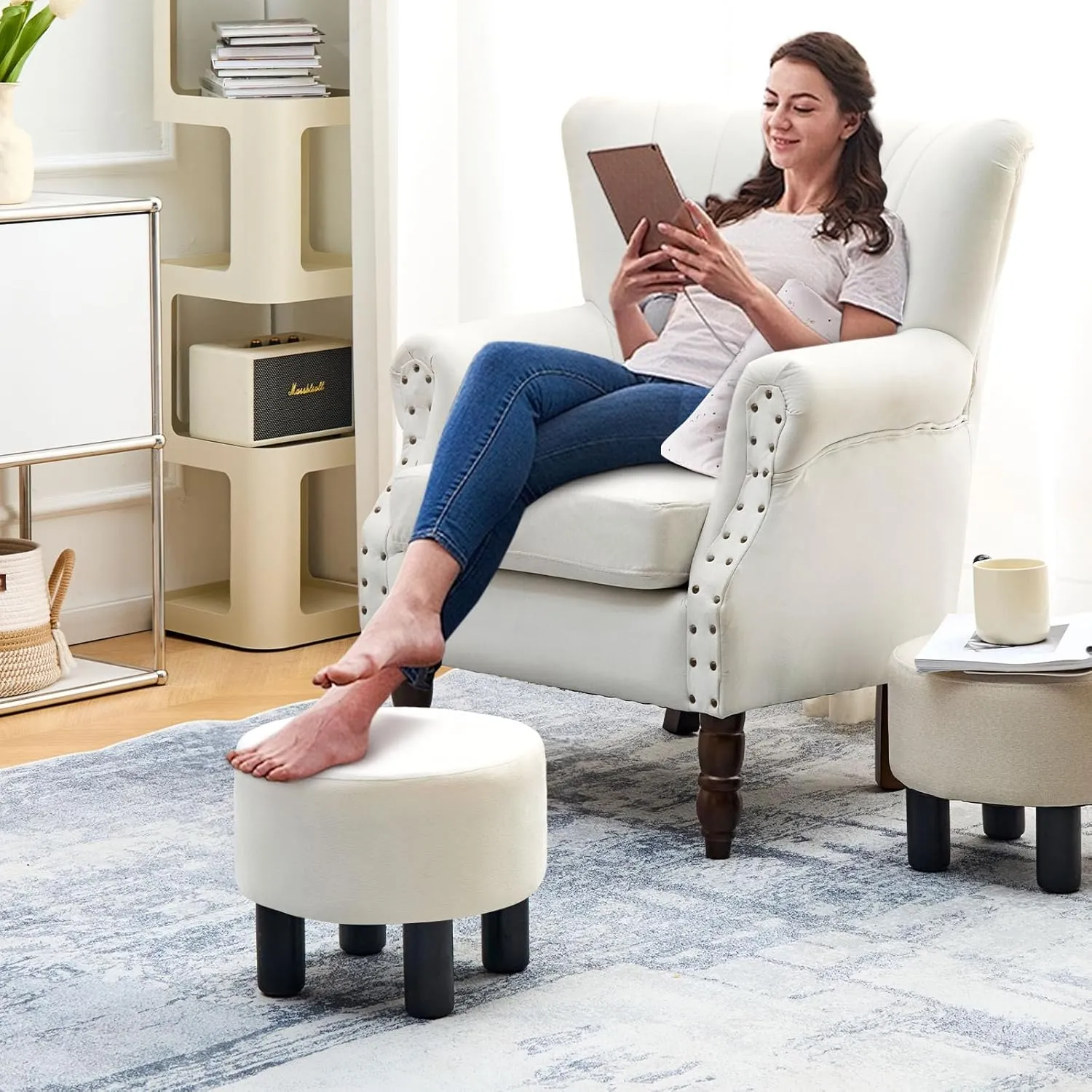 Wimarsbon Velvet Ottoman Footrest Stool Upholstered Step Stool Ottomans Sofa Stool 4 Wood Legs with Anti-Slip Pads Modern Accent Home Decor Suitable for Living Room Bedroom Entryway Cream