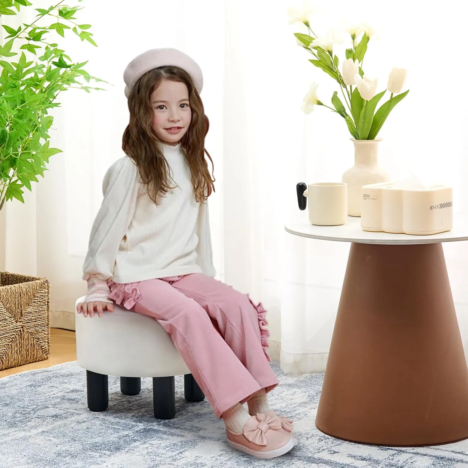 Wimarsbon Velvet Ottoman Footrest Stool Upholstered Step Stool Ottomans Sofa Stool 4 Wood Legs with Anti-Slip Pads Modern Accent Home Decor Suitable for Living Room Bedroom Entryway Cream