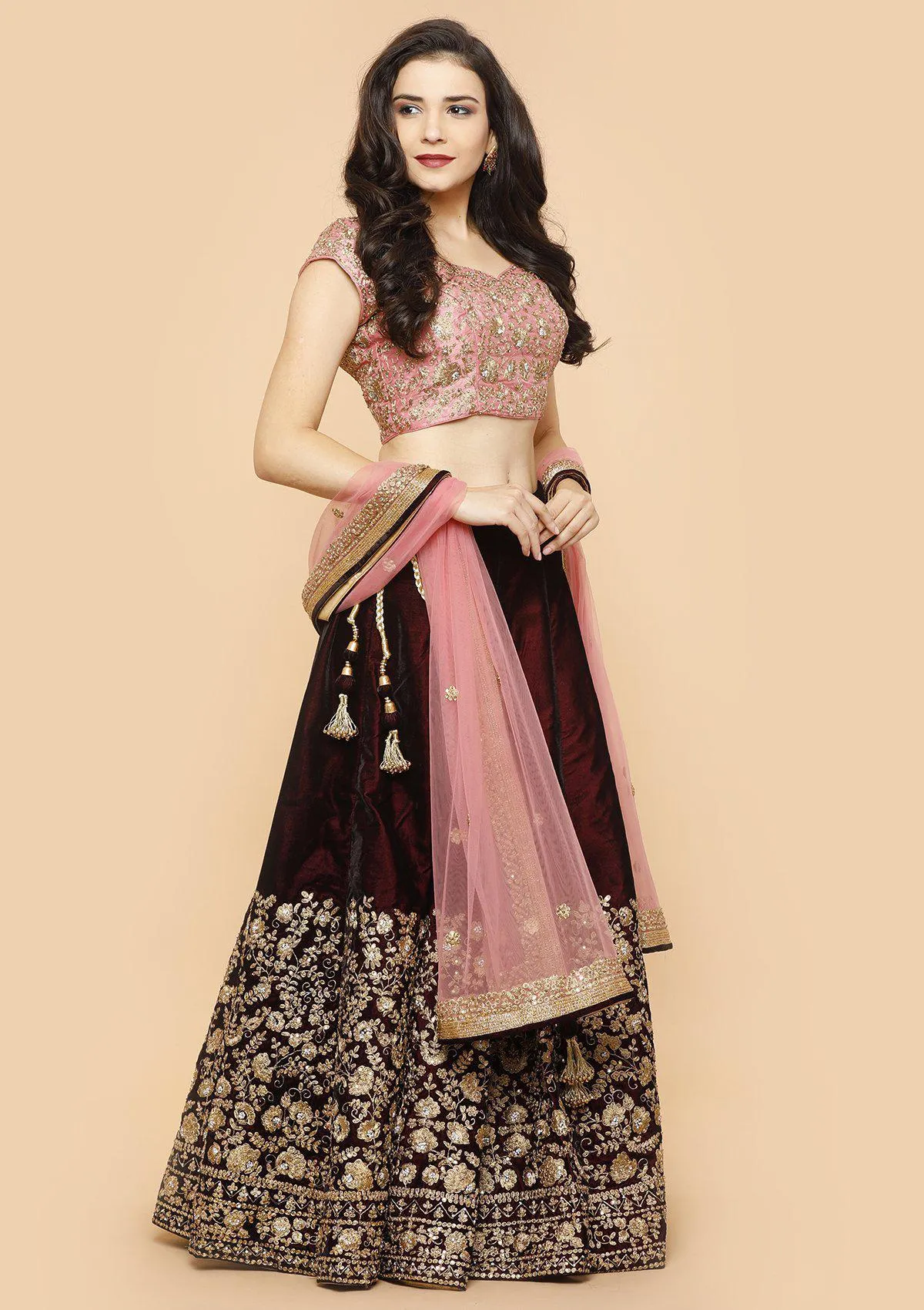 Wine and Pink Velvet Readymade Lehenga