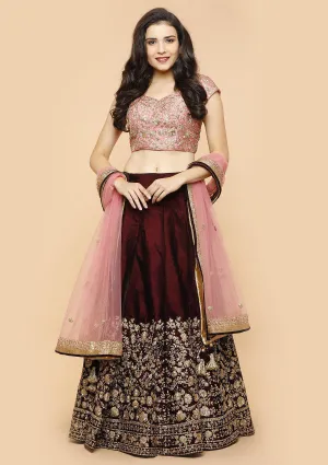 Wine and Pink Velvet Readymade Lehenga