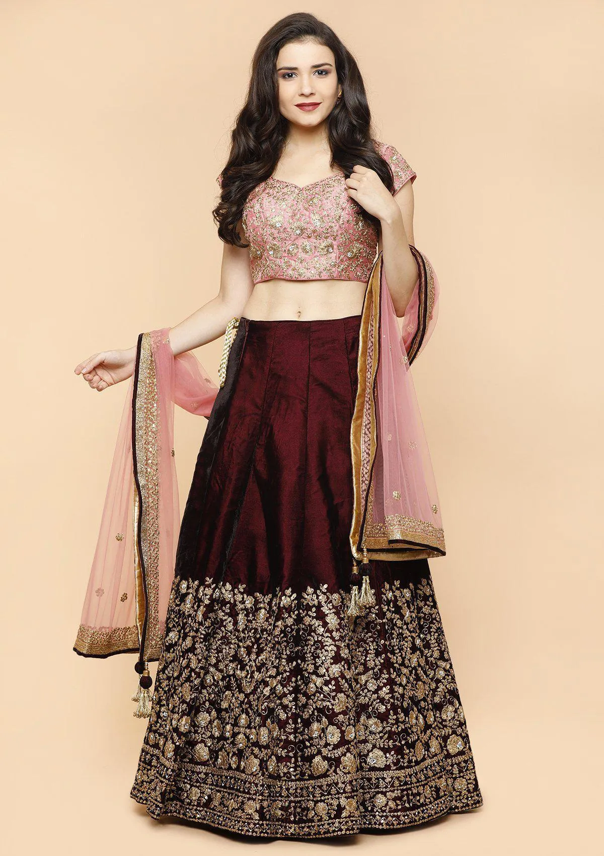 Wine and Pink Velvet Readymade Lehenga