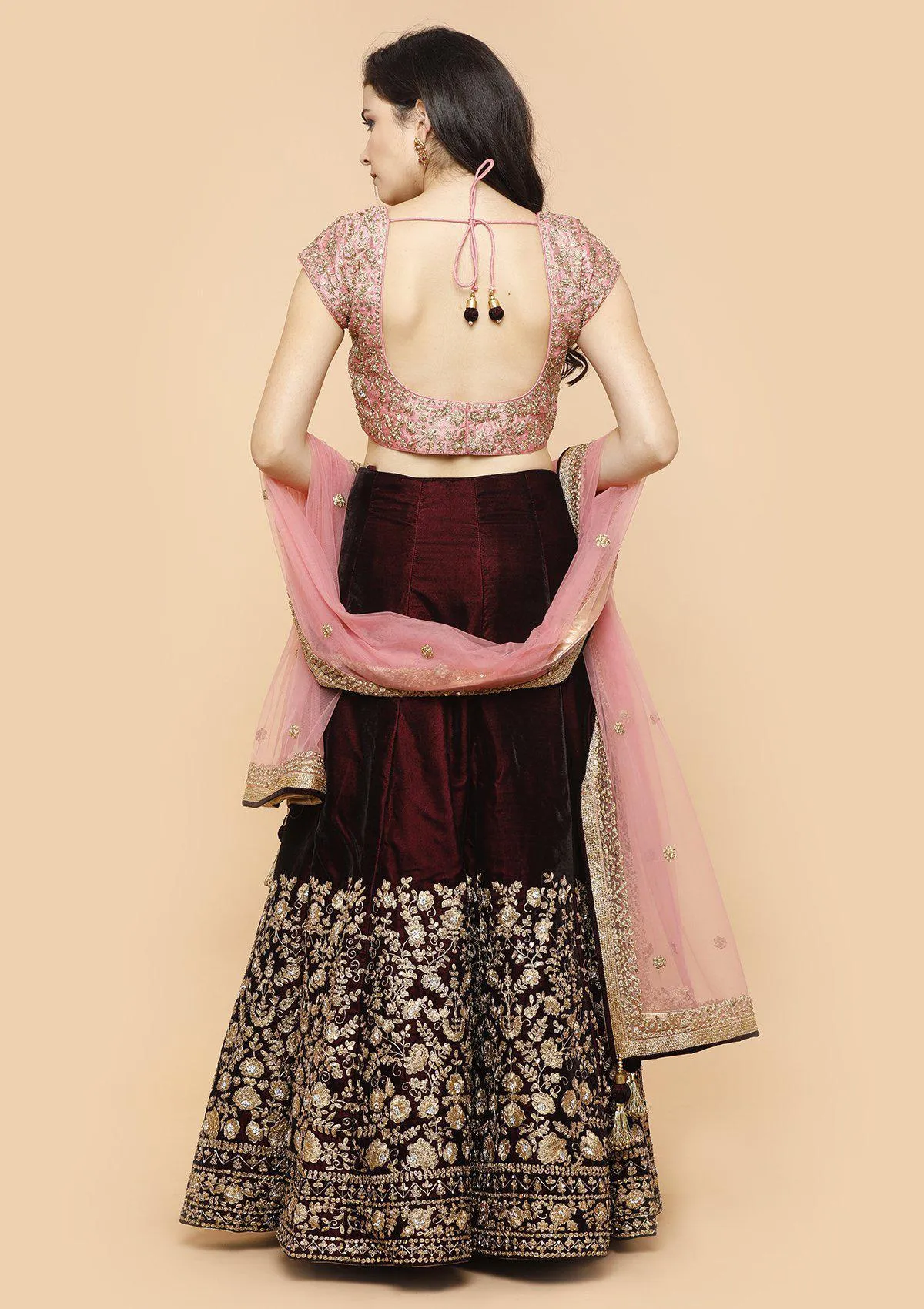 Wine and Pink Velvet Readymade Lehenga