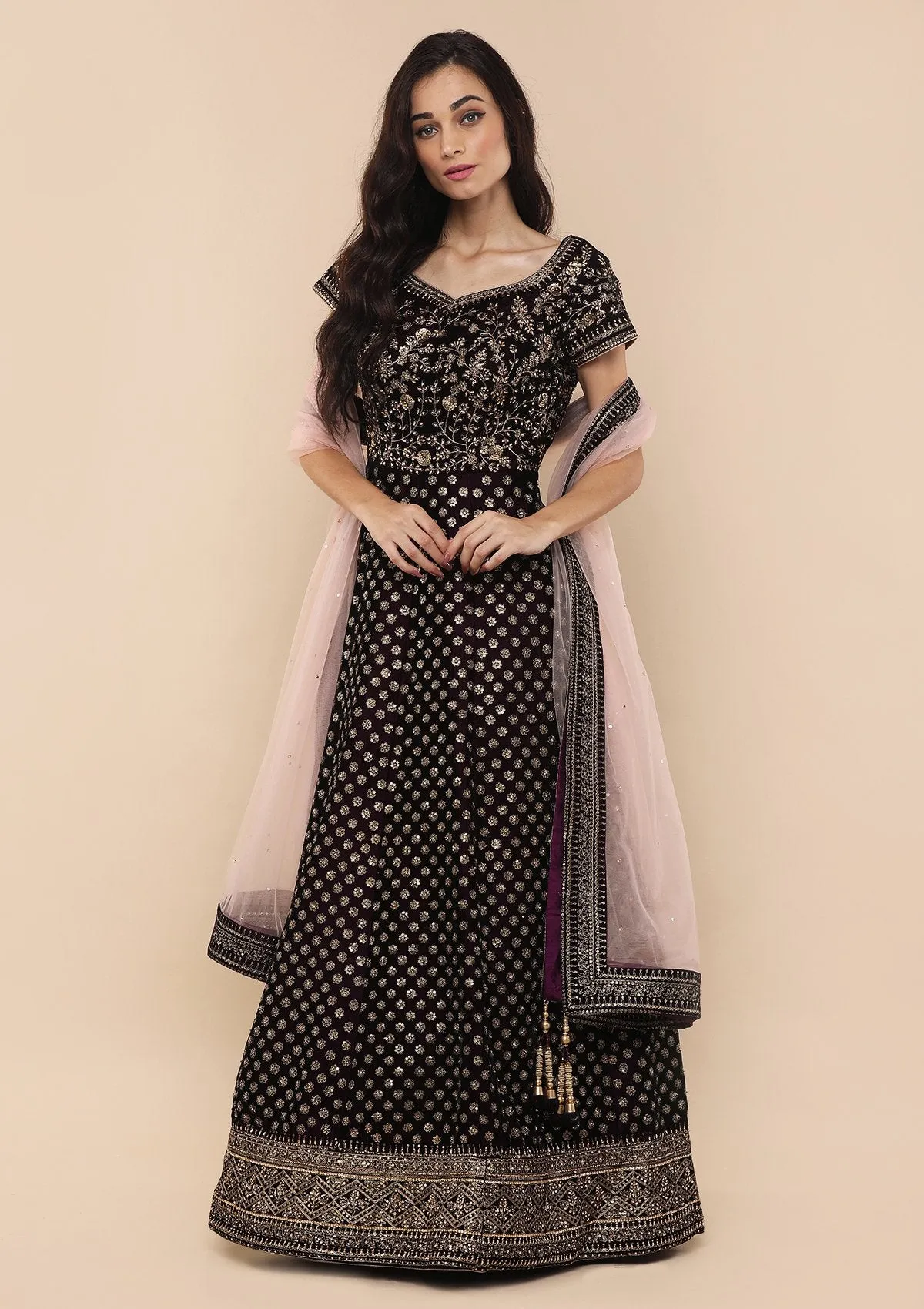 Wine Embellished Velvet Designer Gown