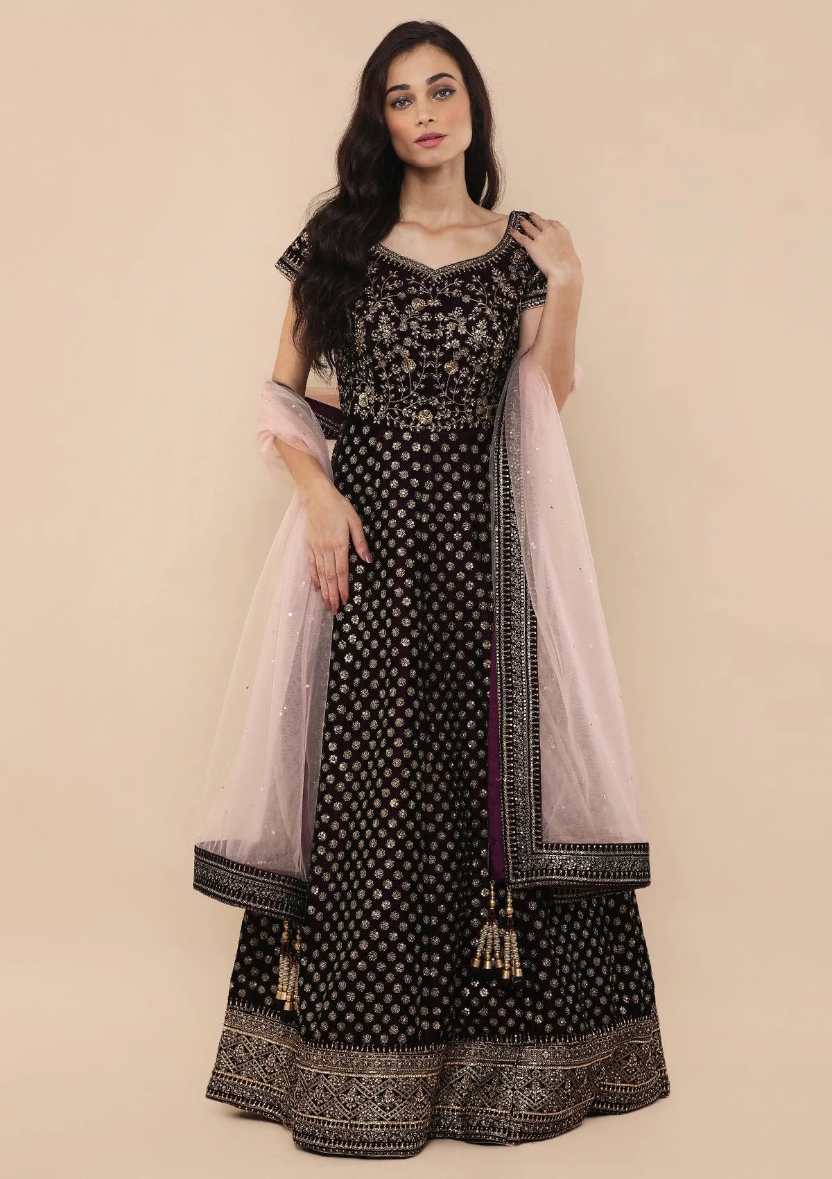 Wine Embellished Velvet Designer Gown