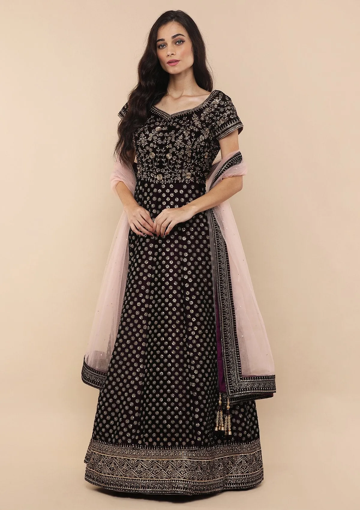 Wine Embellished Velvet Designer Gown