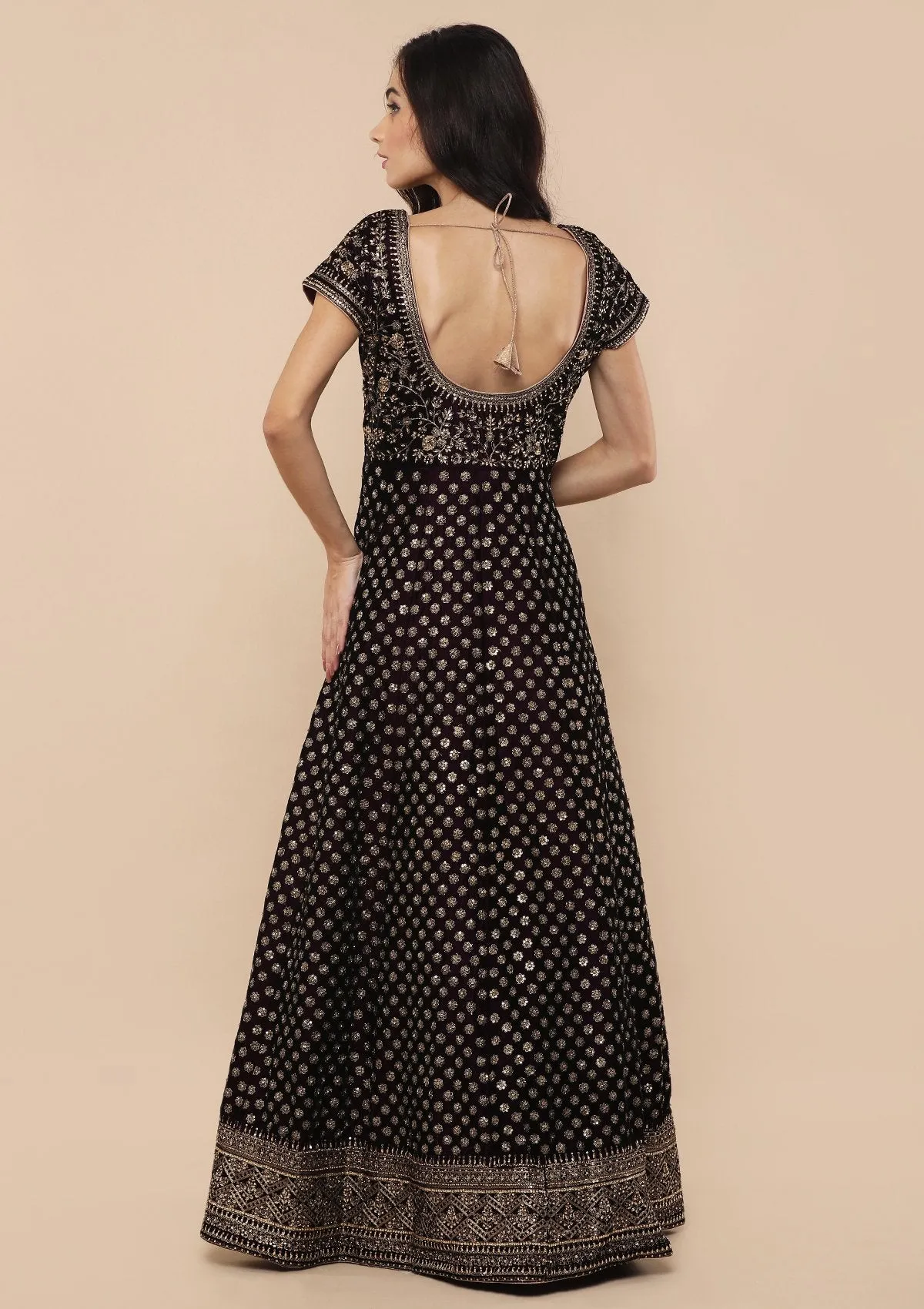 Wine Embellished Velvet Designer Gown