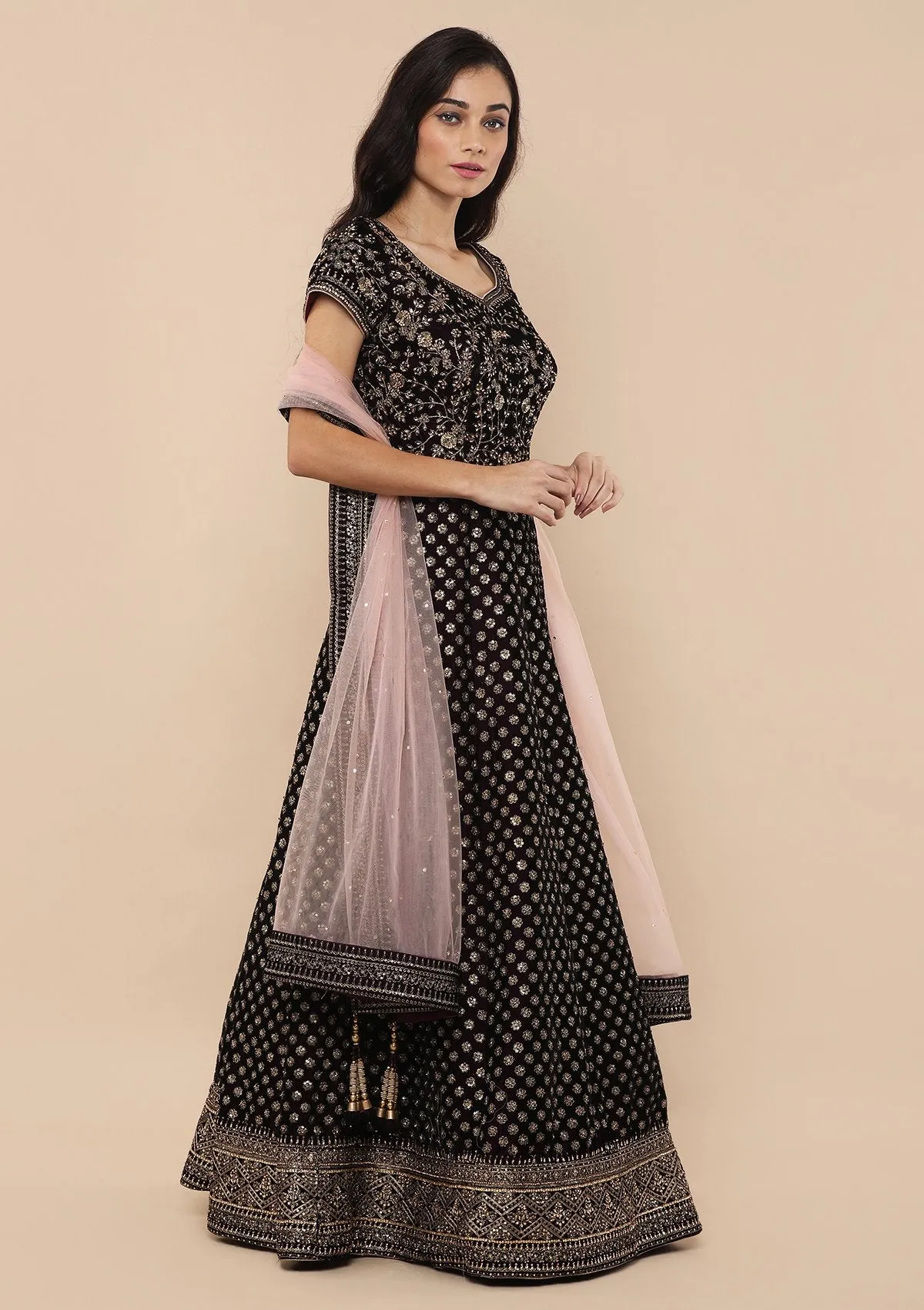 Wine Embellished Velvet Designer Gown
