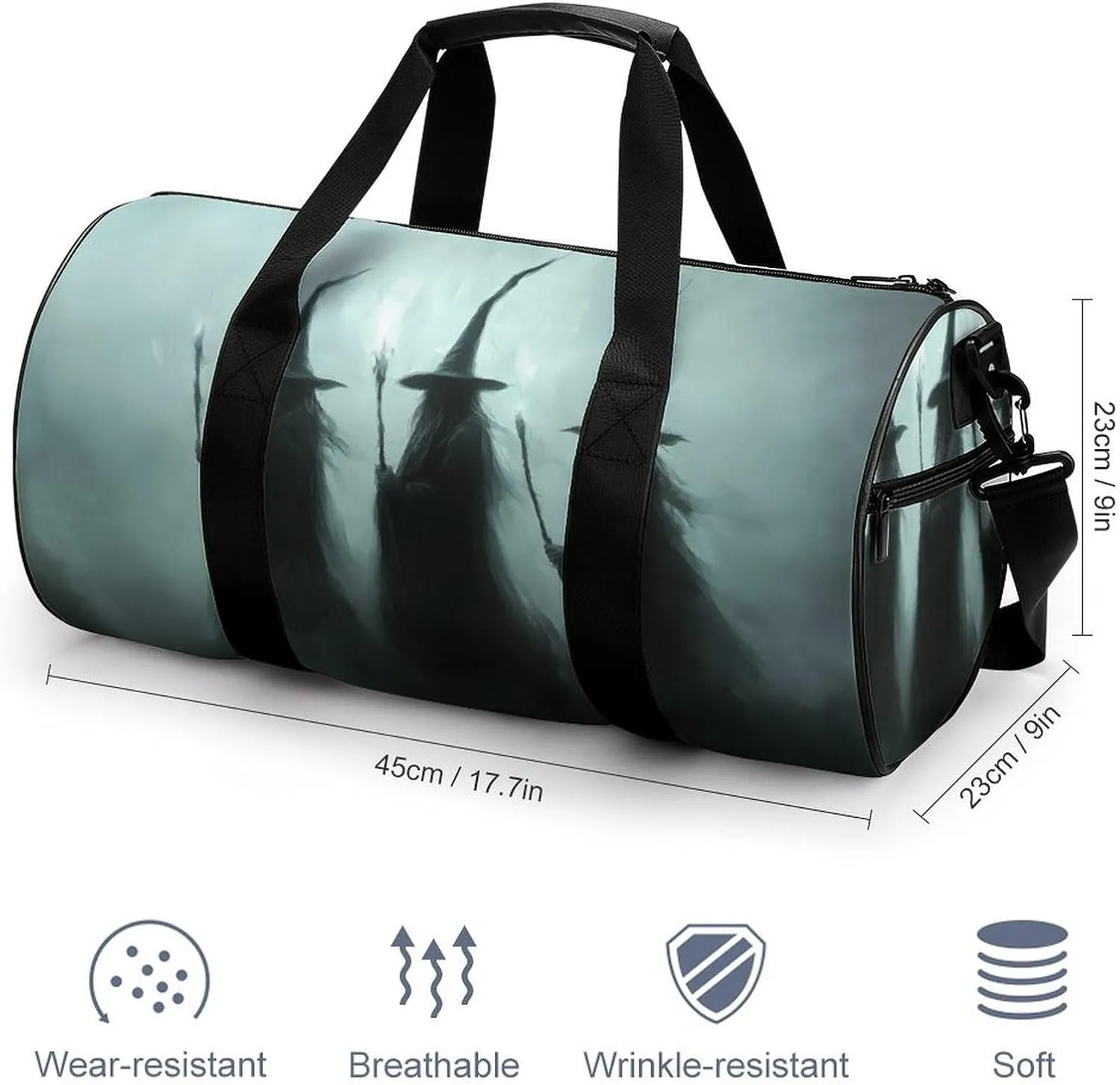 Witchy Halloween Three Witches Holding Magic Wands Travel Gym Bag for Women Men Moody Dark Gothic Aesthetic Cylindrical Duffle Bag Sport Workout Bag with Shoulder Strap