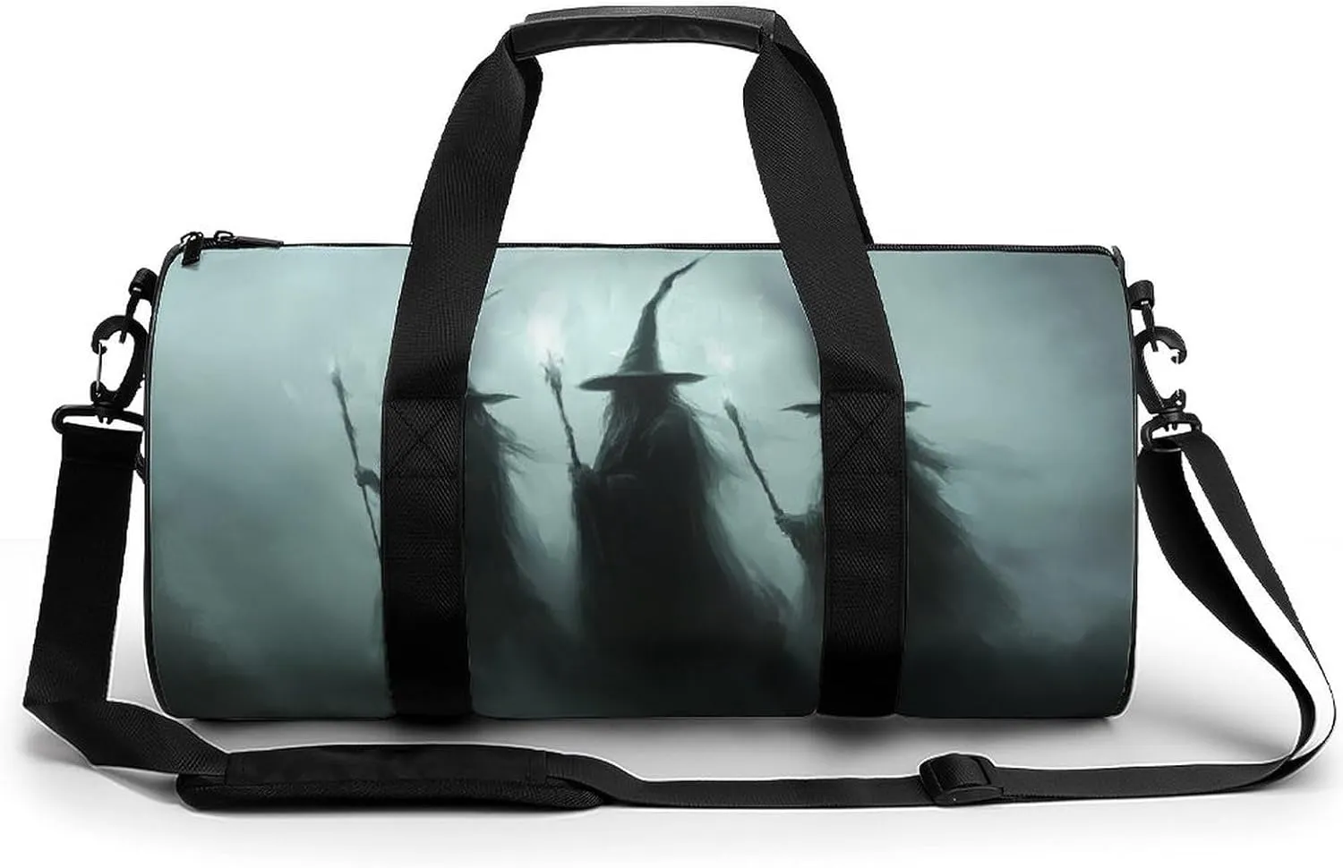Witchy Halloween Three Witches Holding Magic Wands Travel Gym Bag for Women Men Moody Dark Gothic Aesthetic Cylindrical Duffle Bag Sport Workout Bag with Shoulder Strap