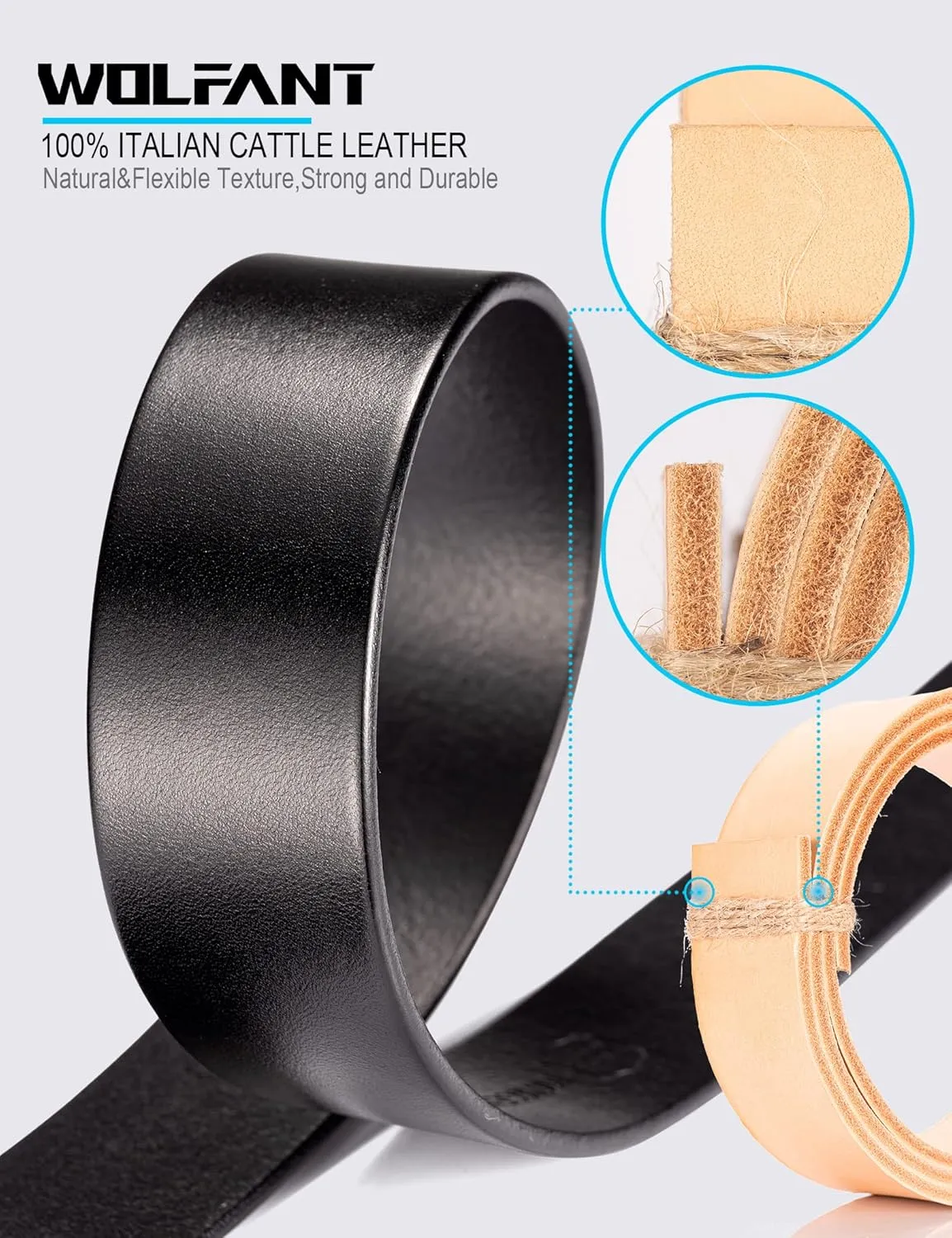 WOLFANT 1.5" Full Grain Leather Belt for Men,100% Italian Solid Durable Leather