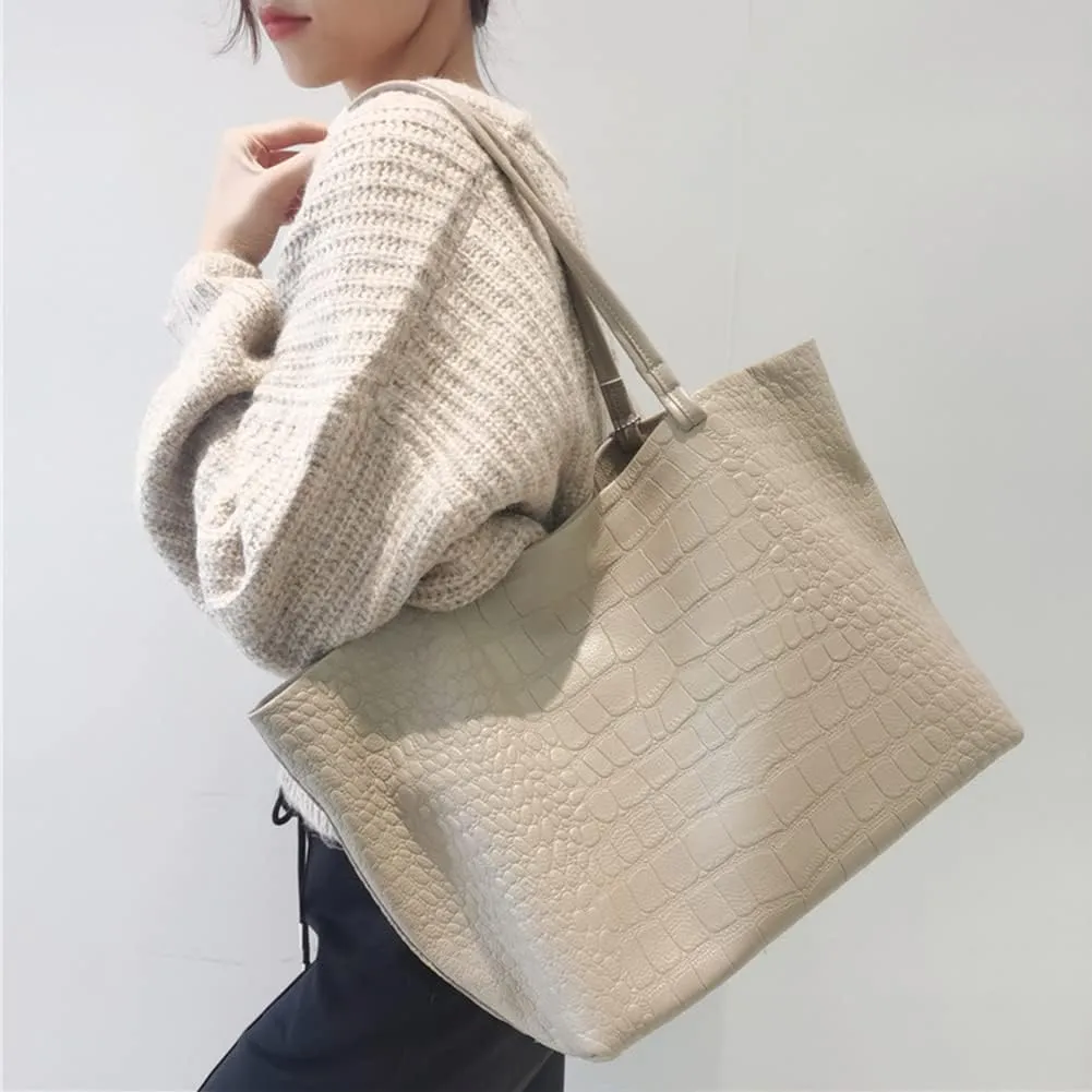 Women Genuine Leather Tote Handbag Crocodile Pattern Shoulder Purse Soft Satchel