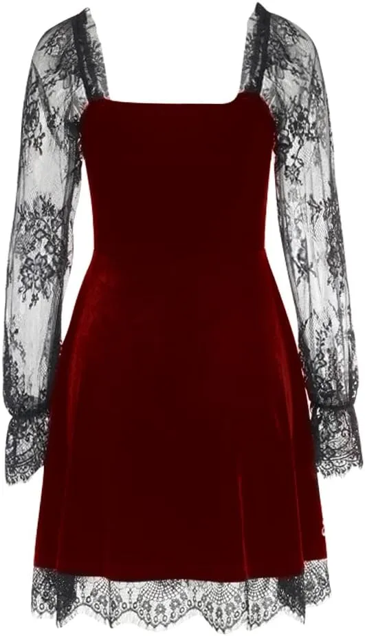 Women Gothic Lolita Dress Black Vintage Grunge Velvet Cocktail Party Dress Lace Patchwork Mesh Long Sleeve Punk Goth Dress