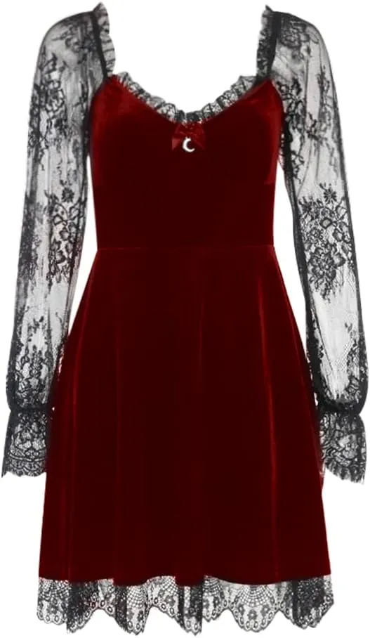 Women Gothic Lolita Dress Black Vintage Grunge Velvet Cocktail Party Dress Lace Patchwork Mesh Long Sleeve Punk Goth Dress