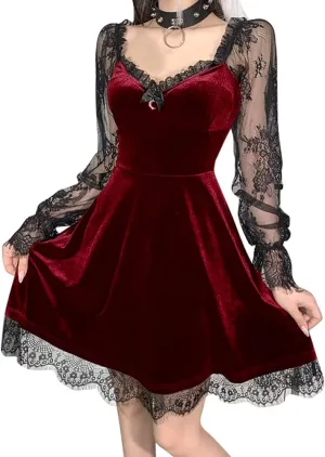 Women Gothic Lolita Dress Black Vintage Grunge Velvet Cocktail Party Dress Lace Patchwork Mesh Long Sleeve Punk Goth Dress