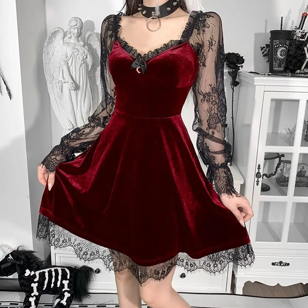 Women Gothic Lolita Dress Black Vintage Grunge Velvet Cocktail Party Dress Lace Patchwork Mesh Long Sleeve Punk Goth Dress
