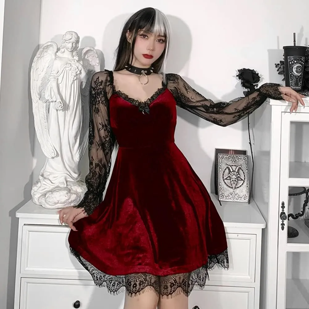 Women Gothic Lolita Dress Black Vintage Grunge Velvet Cocktail Party Dress Lace Patchwork Mesh Long Sleeve Punk Goth Dress