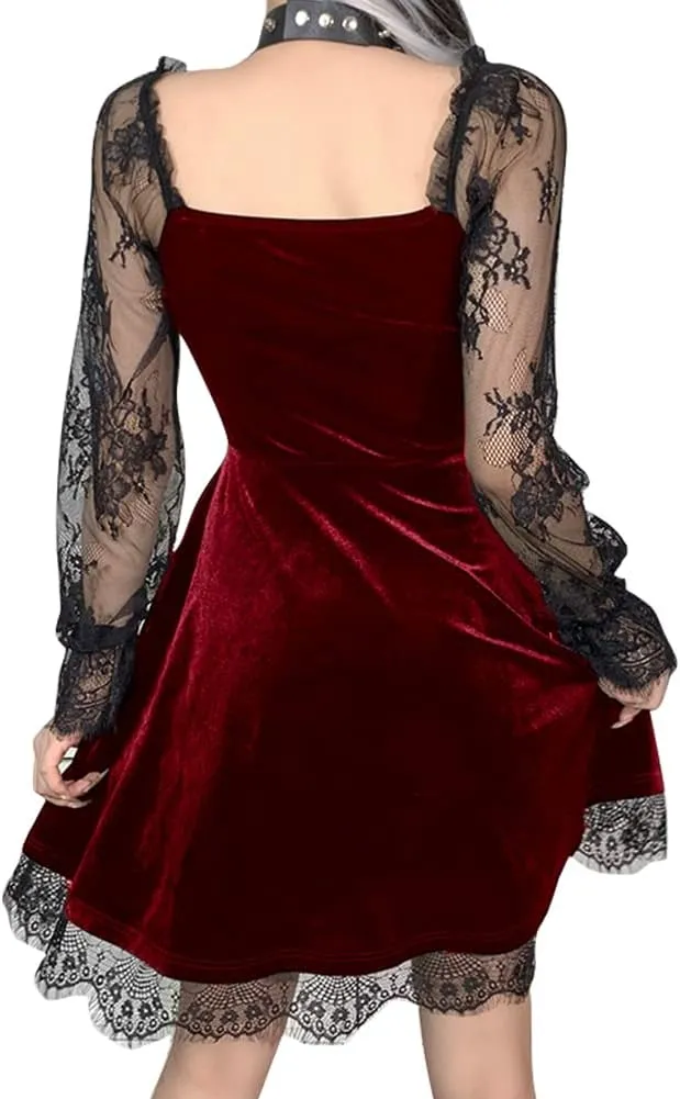 Women Gothic Lolita Dress Black Vintage Grunge Velvet Cocktail Party Dress Lace Patchwork Mesh Long Sleeve Punk Goth Dress
