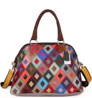 Women Multicolor Diamond Pattern Tote Leather Colour Spliced Shoulder Handbag Colourful Patchwork Crossbody Satchel