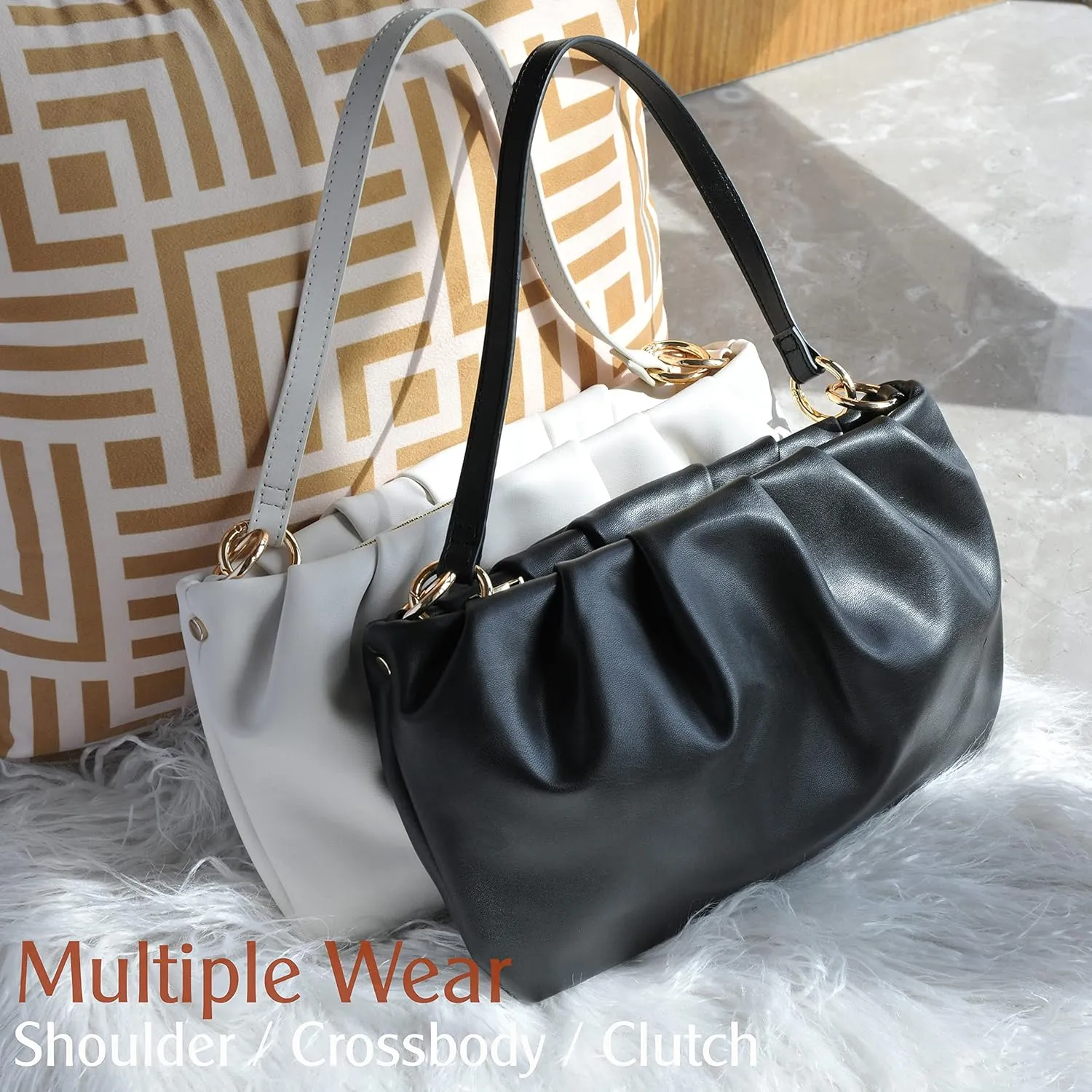 Women Ruched Shoulder Handbag Cloud Pouch Hobo Bag Convertible Clutch Soft Vegan Leather Cross body Bag