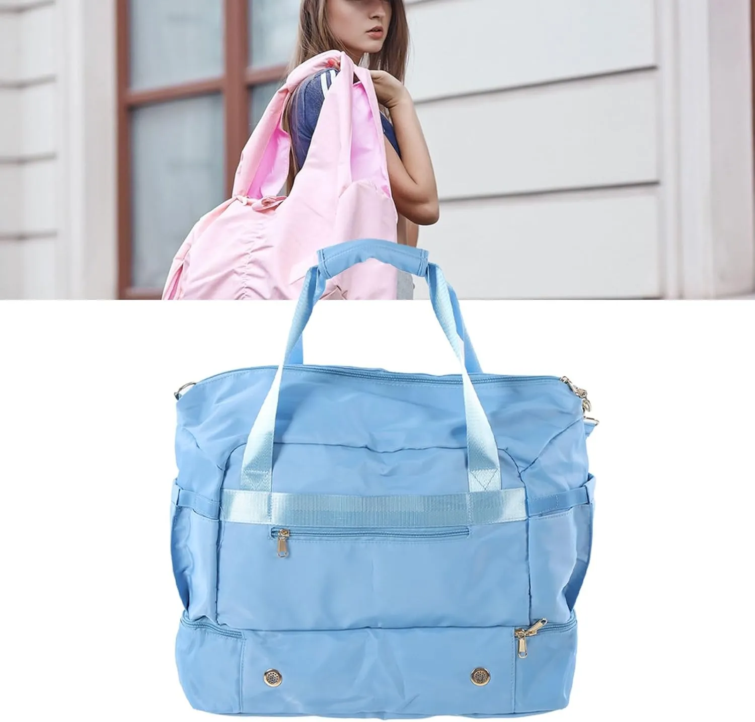 Women Sports Gym Bag Multiple Pockets Large Capacity Workout Travel Bag With Usb Charging Port For Fitness (Light Blue)