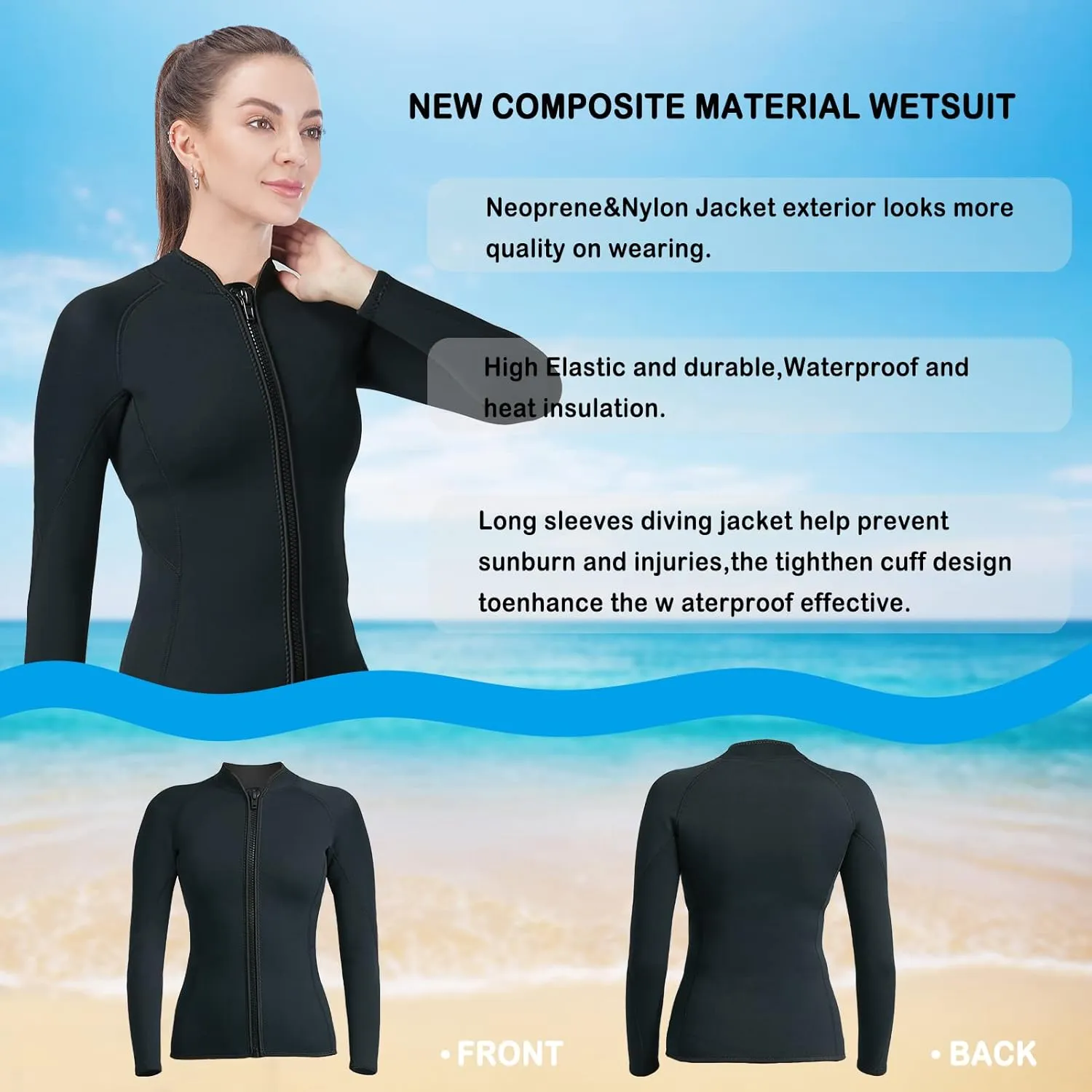 Women Wetsuit Top Swim Jacket Mens Youth Wet Suit Shirt 2mm Neoprene Thermal Swimsuit Front Zip Long Sleeve Cold Water Keep Warm Snorkeling Diving Surfing
