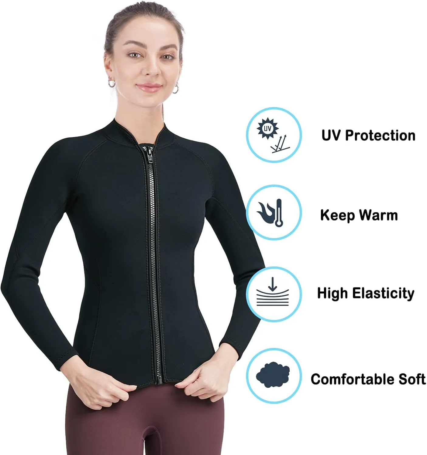 Women Wetsuit Top Swim Jacket Mens Youth Wet Suit Shirt 2mm Neoprene Thermal Swimsuit Front Zip Long Sleeve Cold Water Keep Warm Snorkeling Diving Surfing