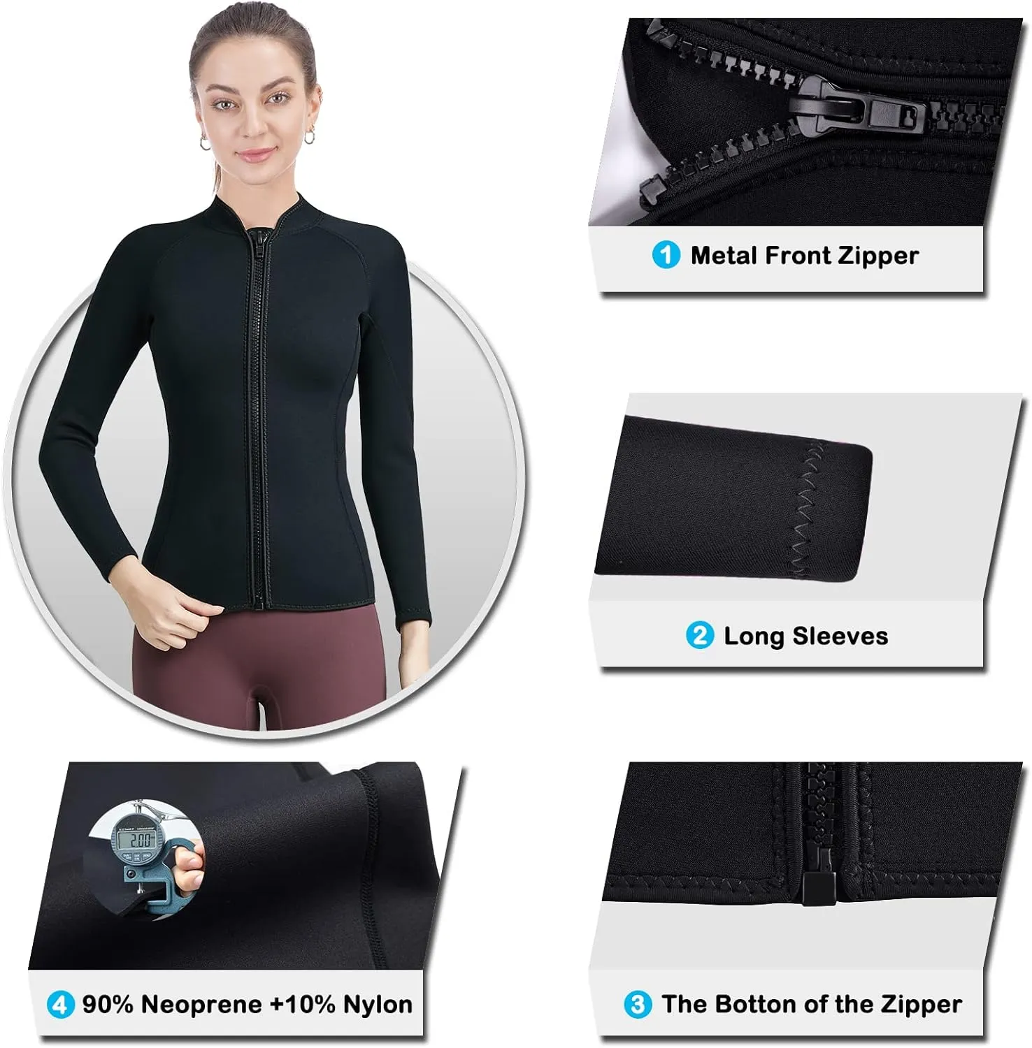 Women Wetsuit Top Swim Jacket Mens Youth Wet Suit Shirt 2mm Neoprene Thermal Swimsuit Front Zip Long Sleeve Cold Water Keep Warm Snorkeling Diving Surfing