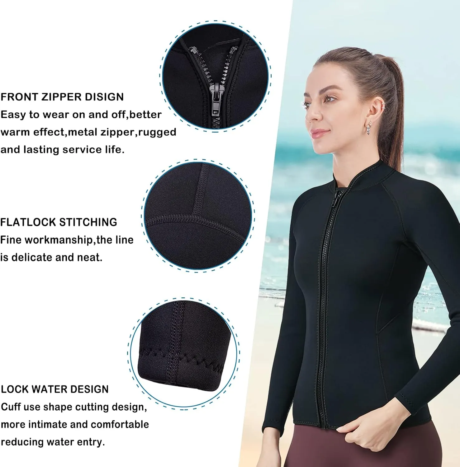 Women Wetsuit Top Swim Jacket Mens Youth Wet Suit Shirt 2mm Neoprene Thermal Swimsuit Front Zip Long Sleeve Cold Water Keep Warm Snorkeling Diving Surfing