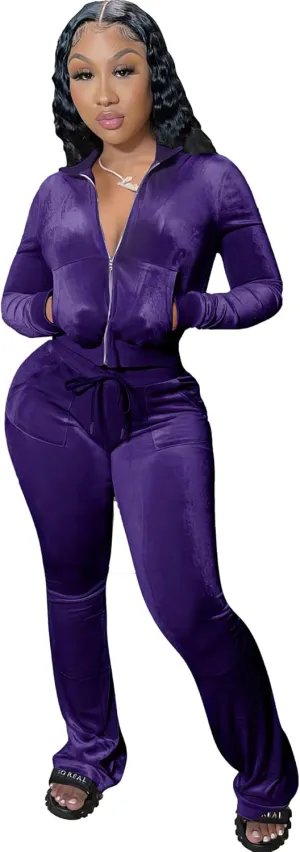 Womens 2 Piece Velour Hoodie Jogger Tracksuit Two Piece Outfits for Women, Long Sleeve Full-Zip Up Velvet Crop Tops Jacket Flared Pants Fall Lounge Matching Sets Sportswear Jogging Sweatsuit Pockets