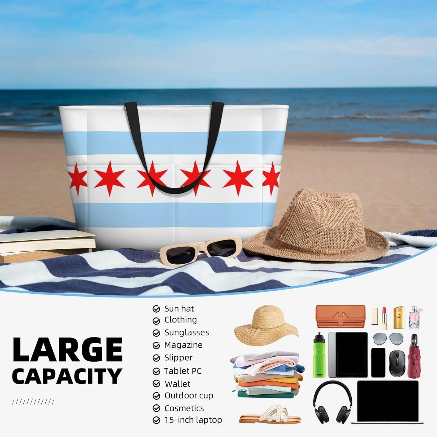 Women's Beach Travel Bags Large Waterproof Tote Bag with Pockets Sandproof Handbag for Beach Gym Vacation