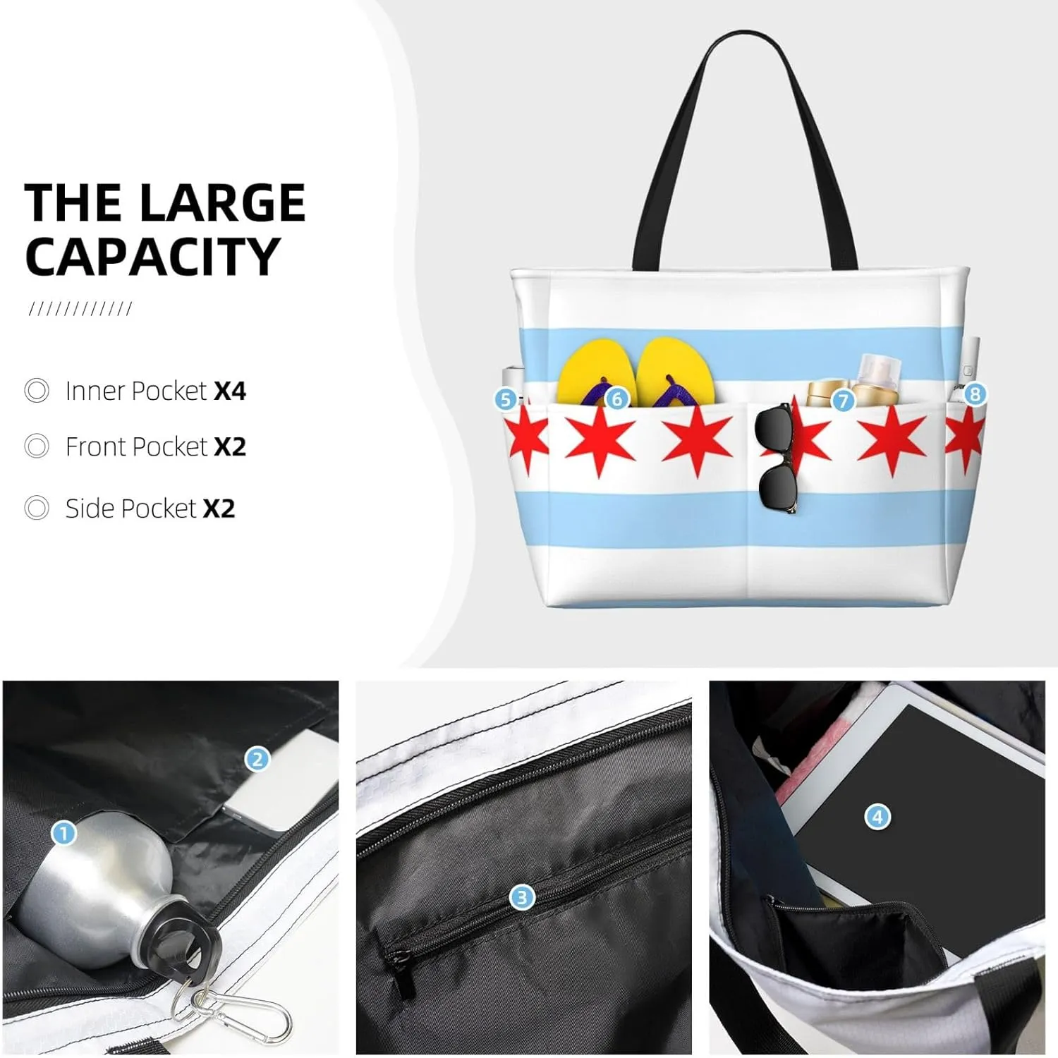 Women's Beach Travel Bags Large Waterproof Tote Bag with Pockets Sandproof Handbag for Beach Gym Vacation