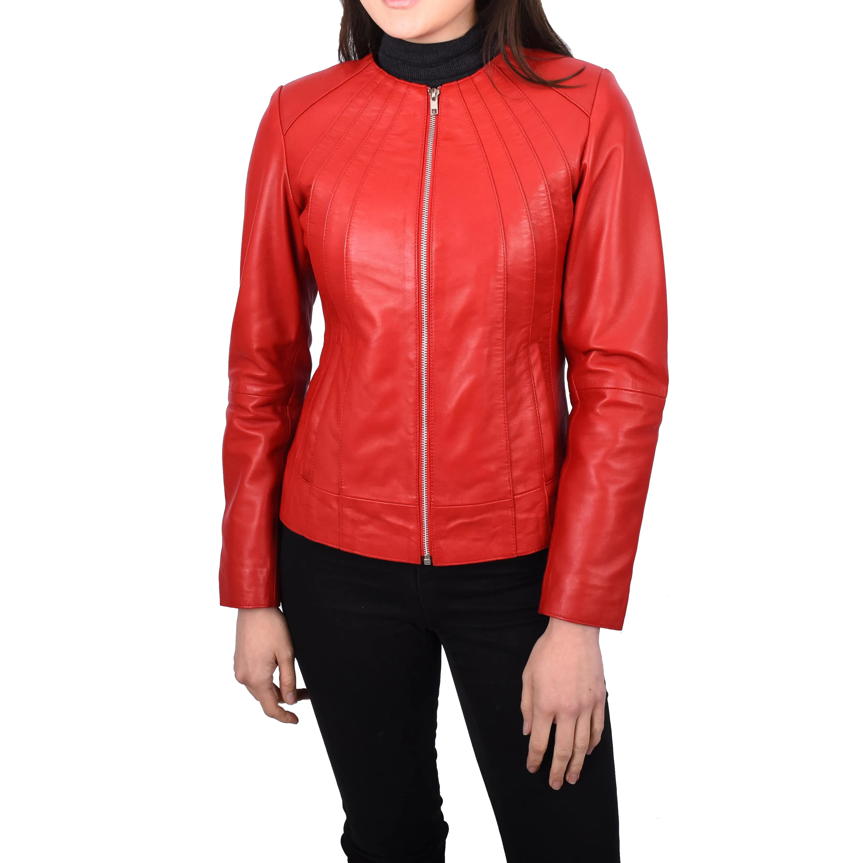 Women’s Biker Collarless Band Style Jacket Trendy Retro Design Astrid