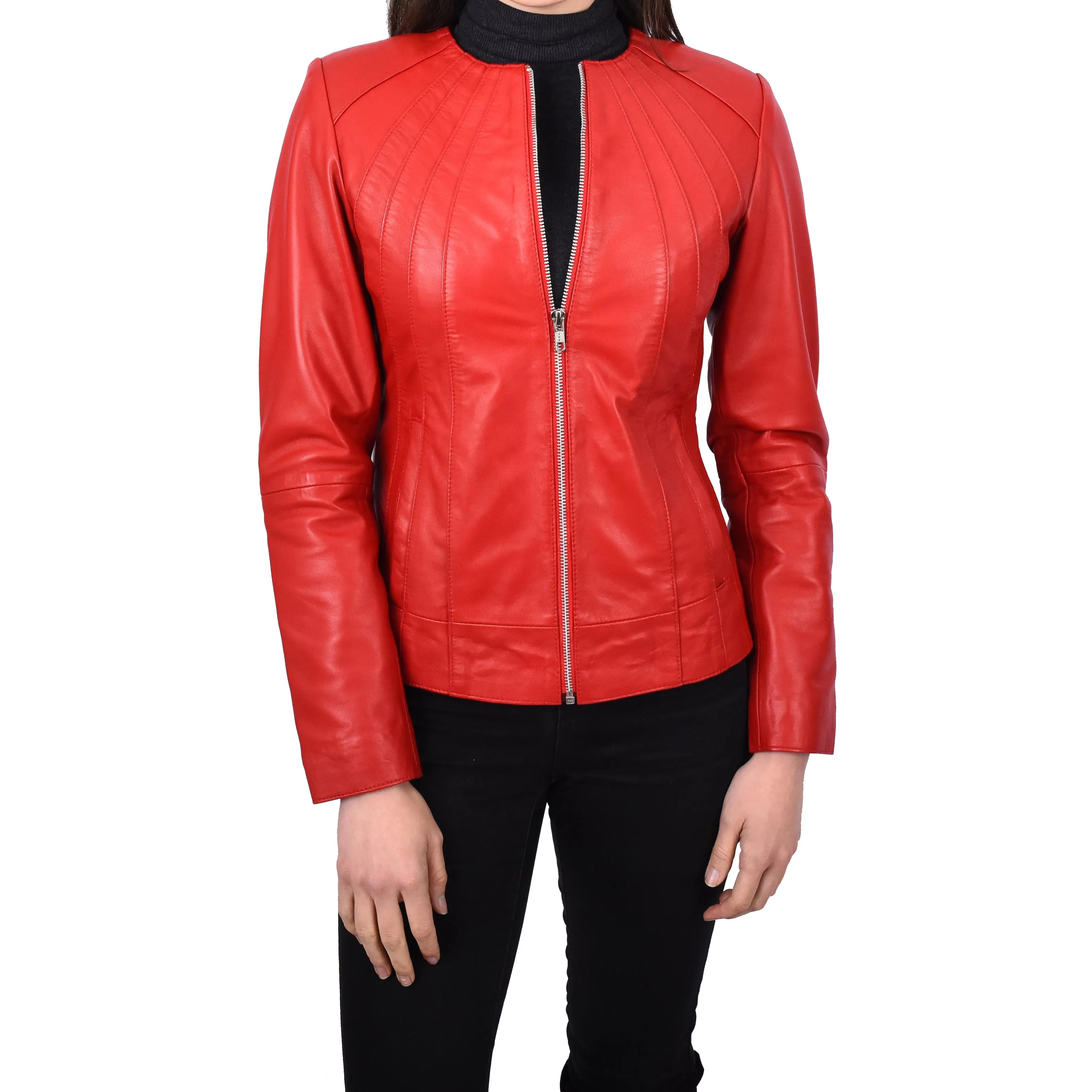 Women’s Biker Collarless Band Style Jacket Trendy Retro Design Astrid