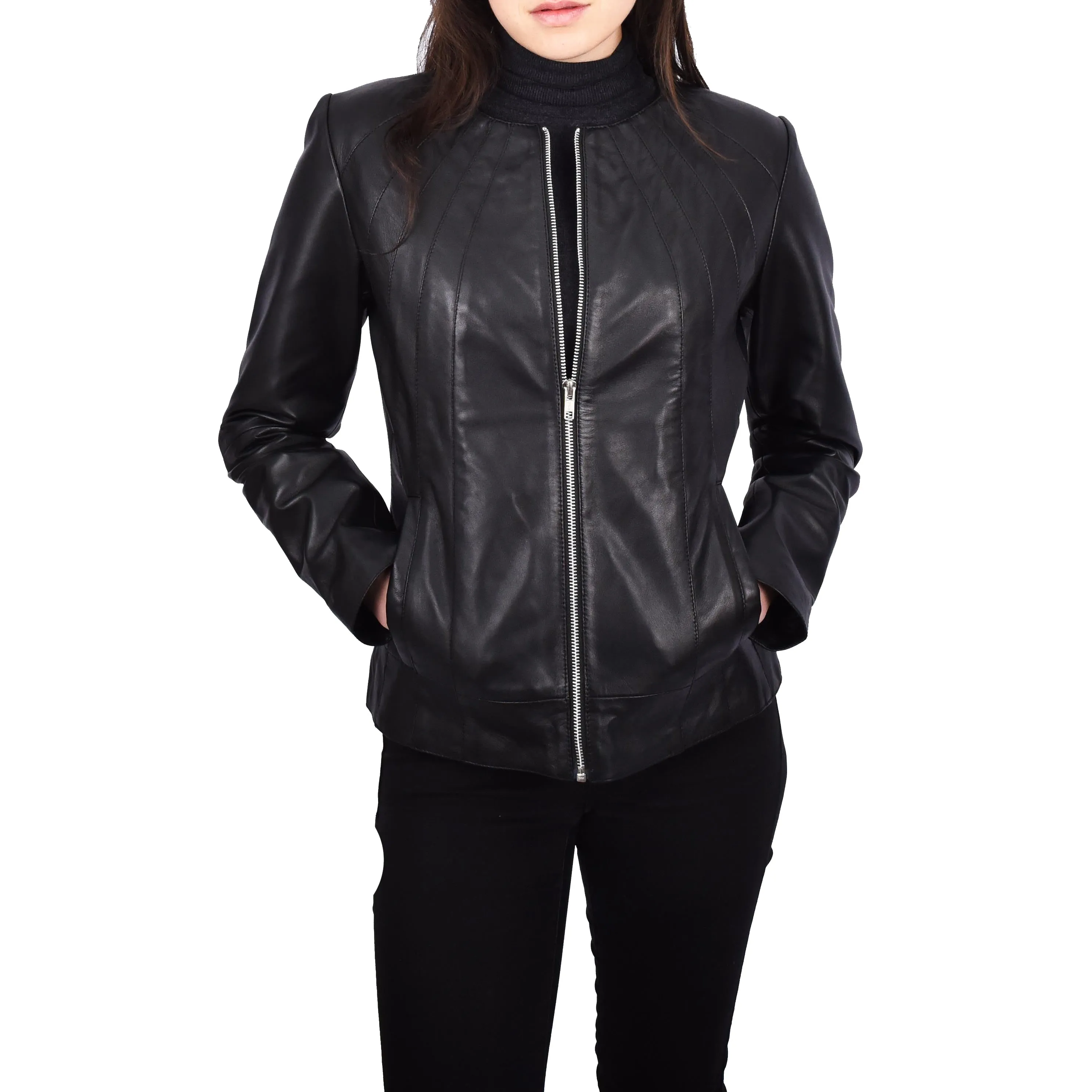 Women’s Biker Collarless Band Style Jacket Trendy Retro Design Astrid