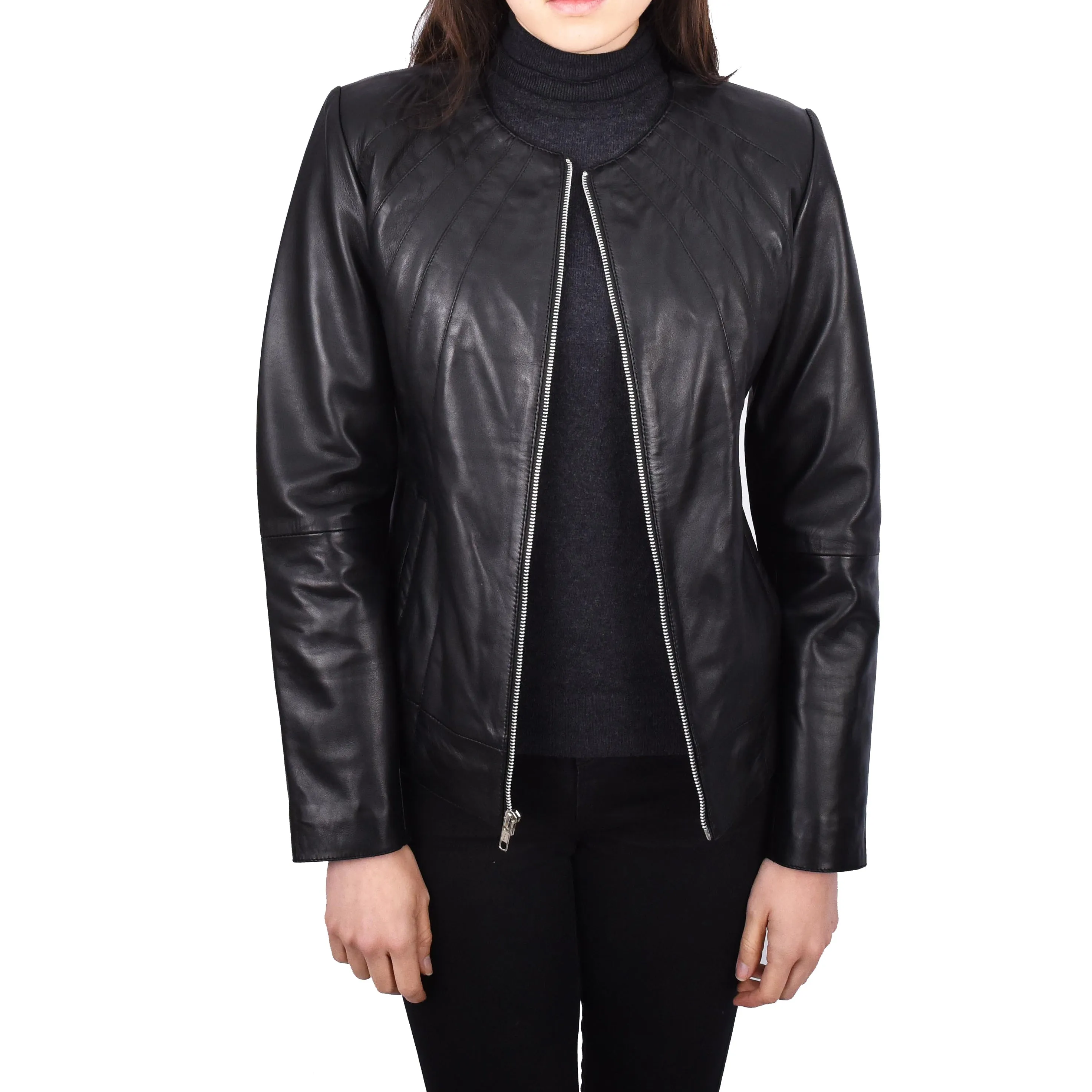 Women’s Biker Collarless Band Style Jacket Trendy Retro Design Astrid