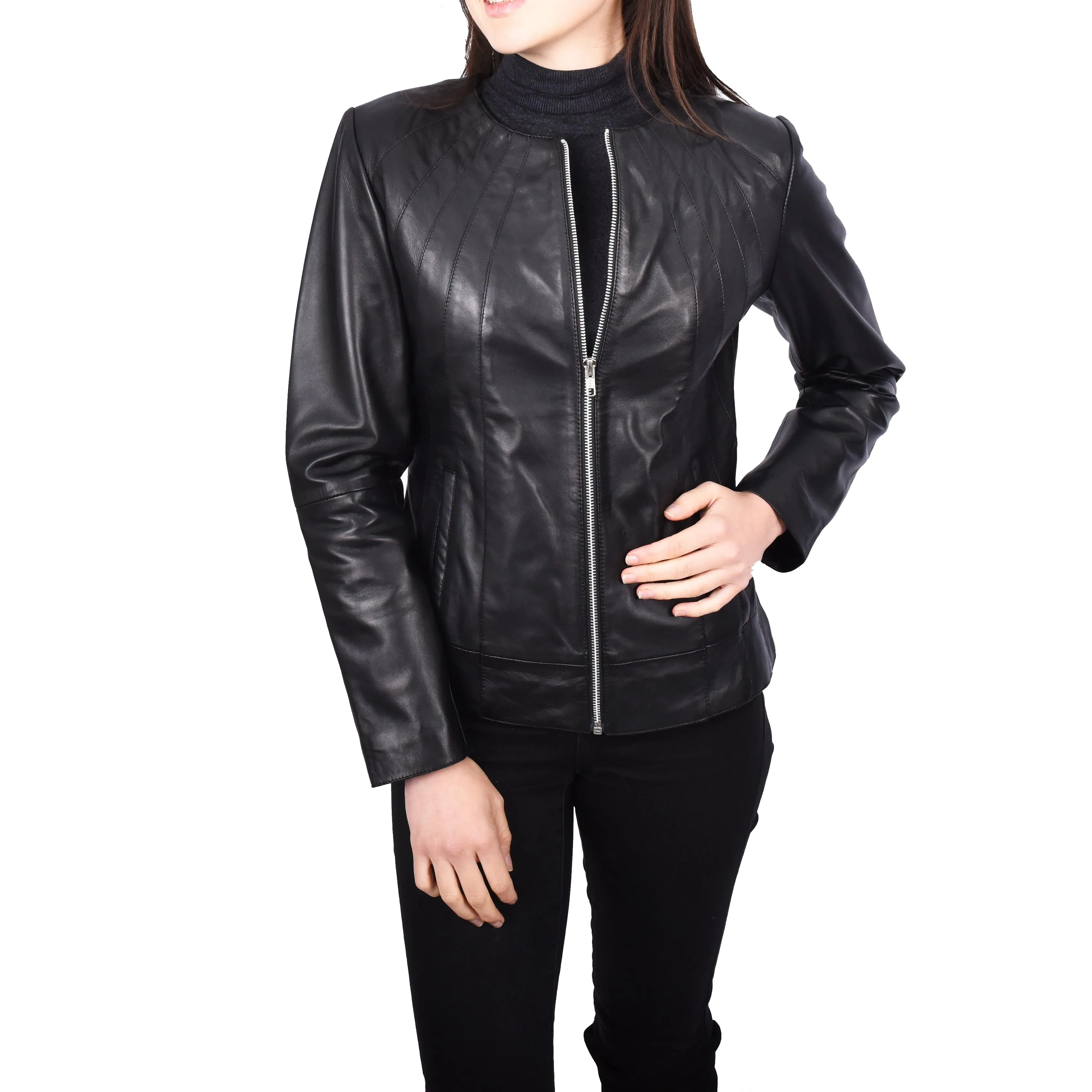 Women’s Biker Collarless Band Style Jacket Trendy Retro Design Astrid