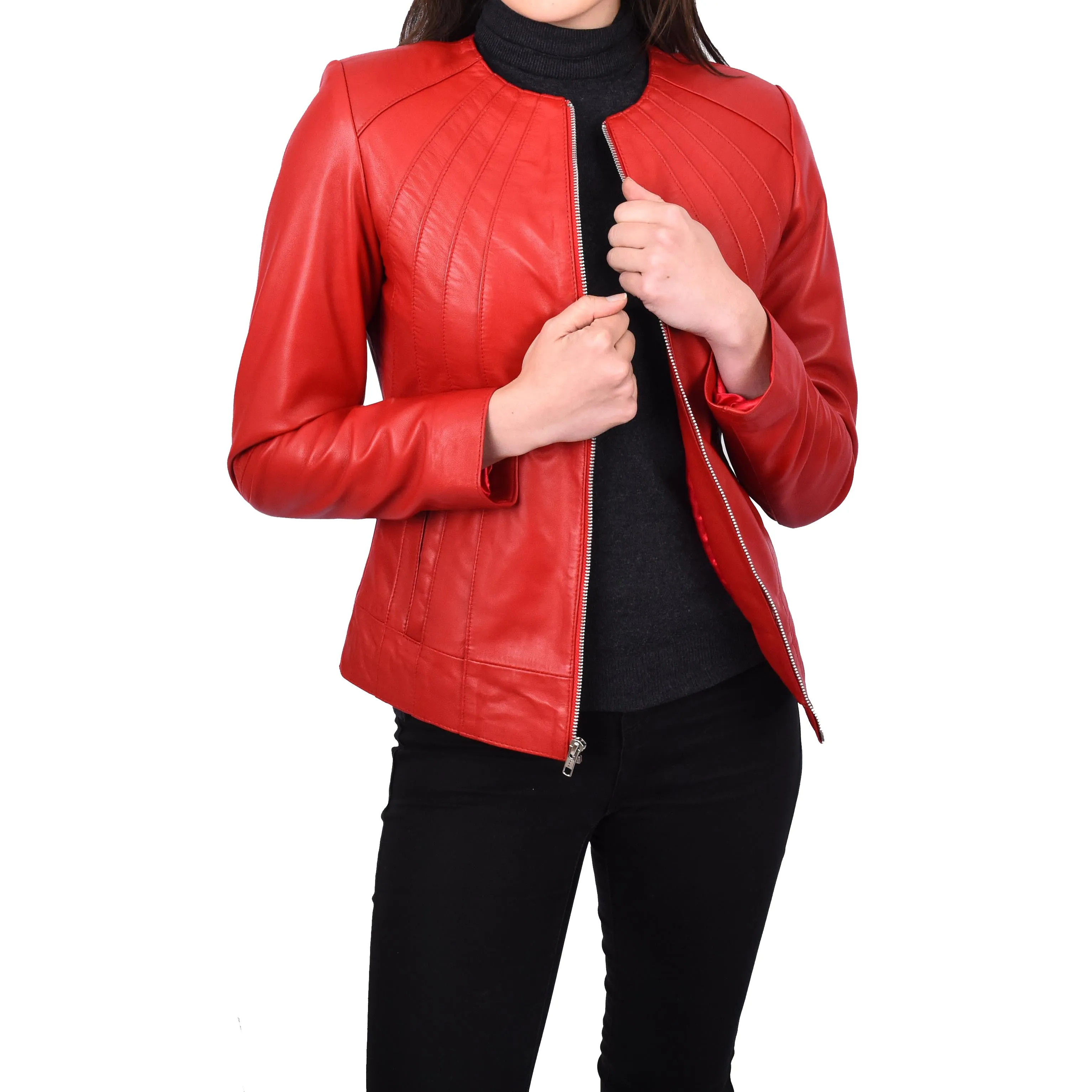 Women’s Biker Collarless Band Style Jacket Trendy Retro Design Astrid