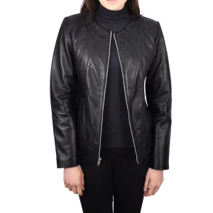Women’s Biker Collarless Band Style Jacket Trendy Retro Design Astrid