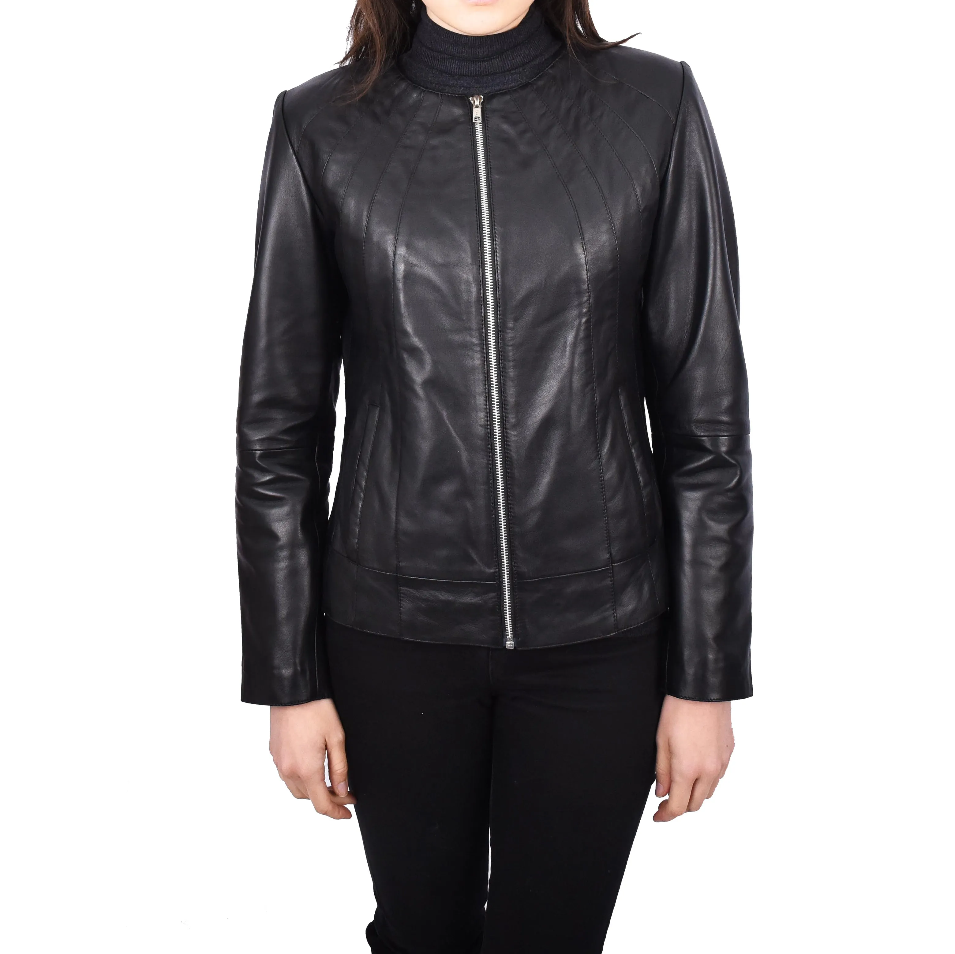 Women’s Biker Collarless Band Style Jacket Trendy Retro Design Astrid