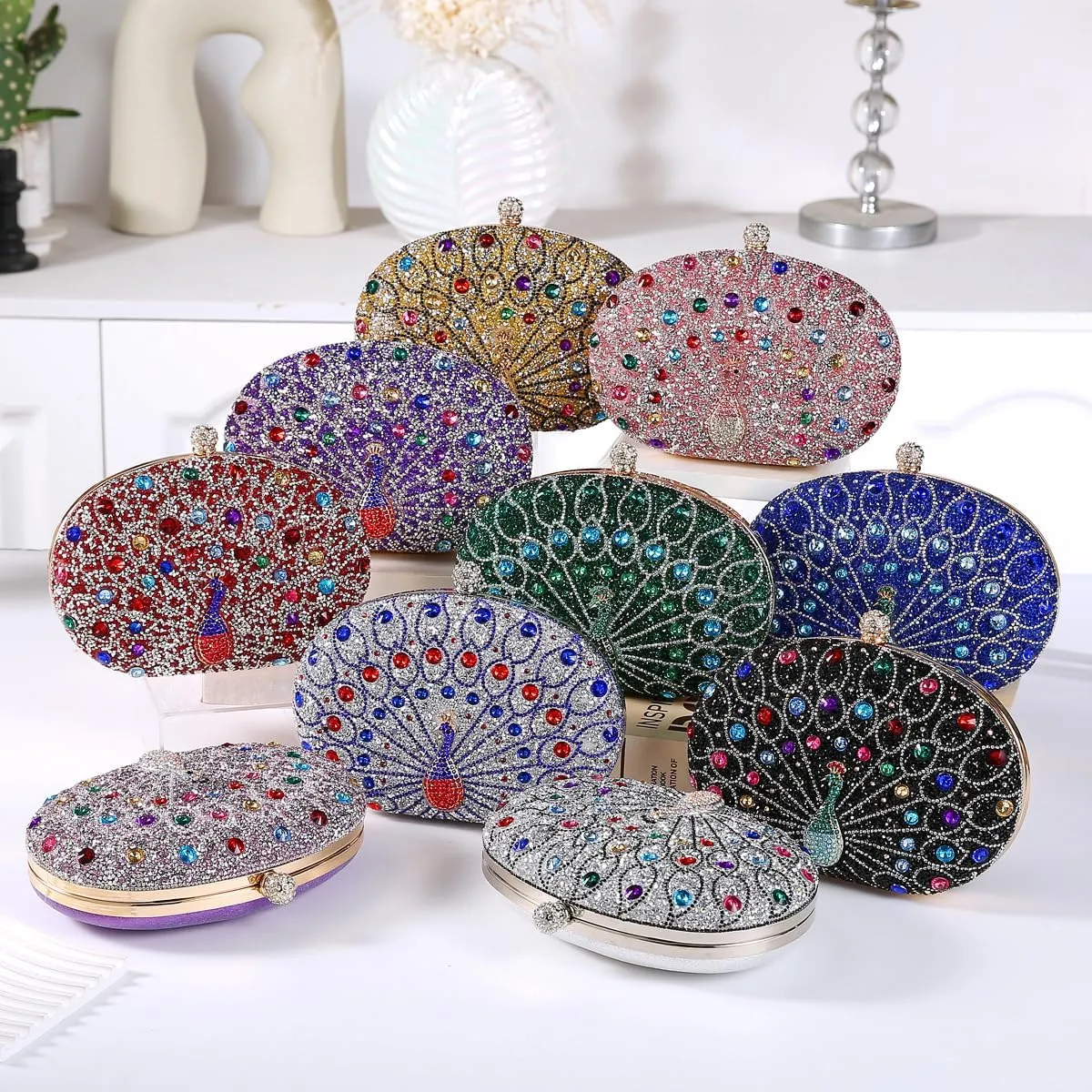 Women's Chic Evening Peacock HandBags Sparkly Rhinestone Clutch Purses Crystal Diamond Bags