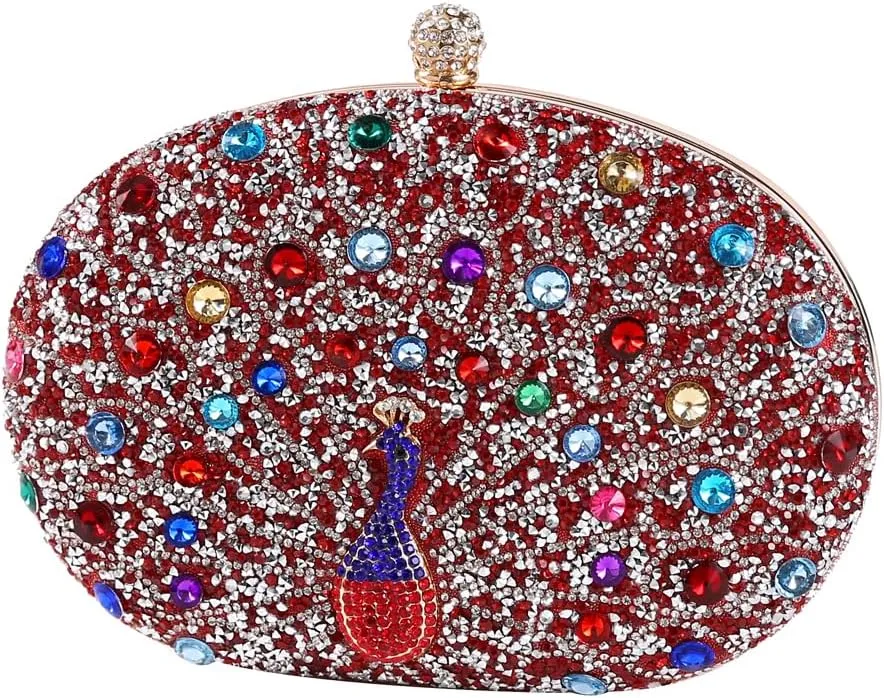 Women's Chic Evening Peacock HandBags Sparkly Rhinestone Clutch Purses Crystal Diamond Bags