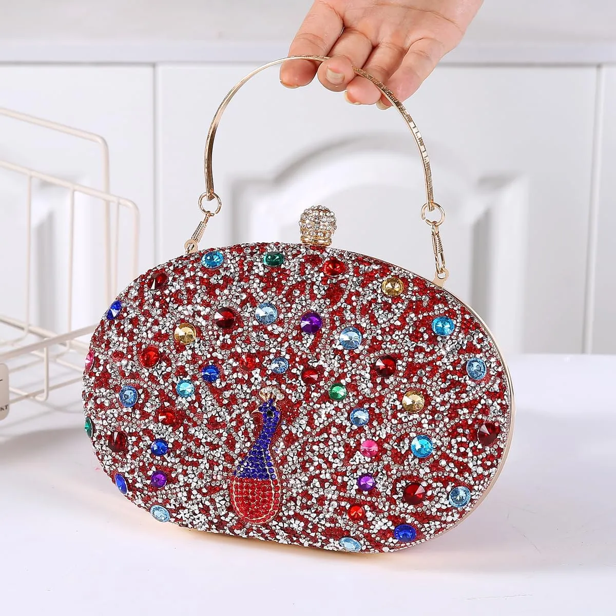 Women's Chic Evening Peacock HandBags Sparkly Rhinestone Clutch Purses Crystal Diamond Bags