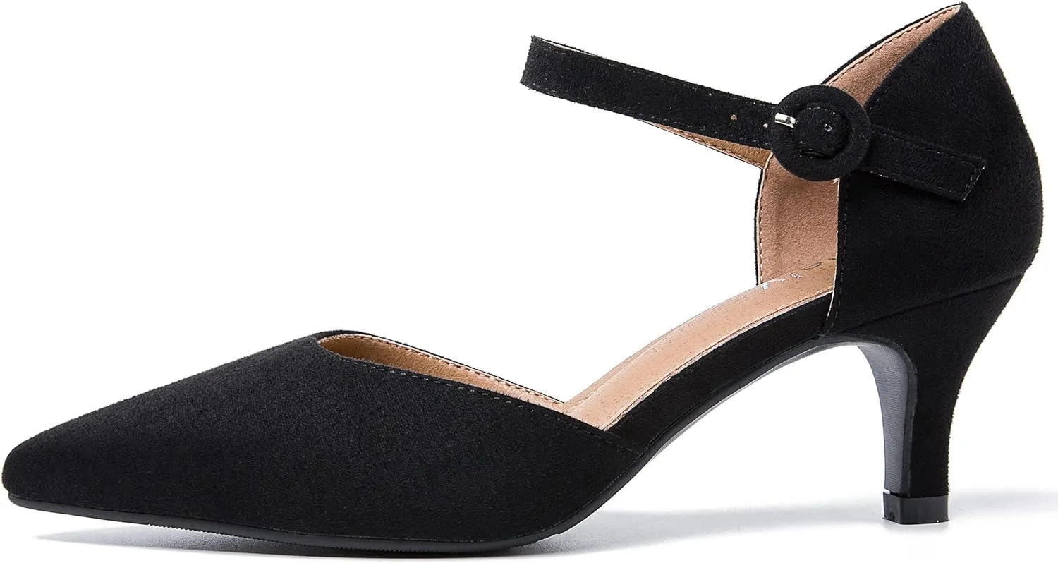 Women's Closed Pointed Toe Heels Ankle Strap D'Orsay Kitten Heel Dressy Pumps