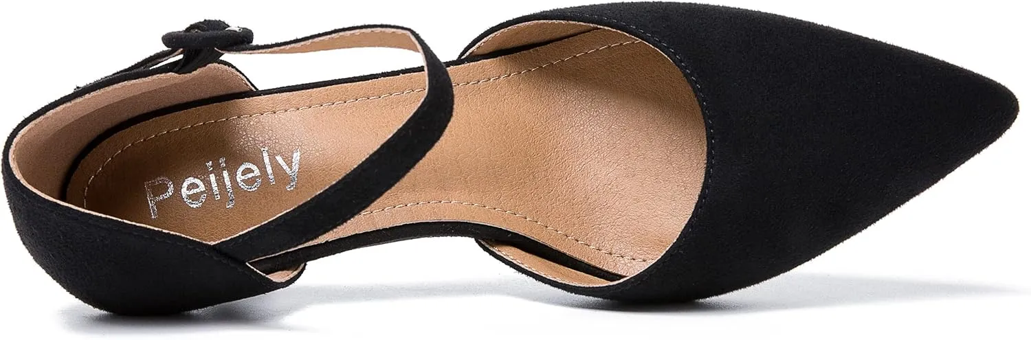 Women's Closed Pointed Toe Heels Ankle Strap D'Orsay Kitten Heel Dressy Pumps