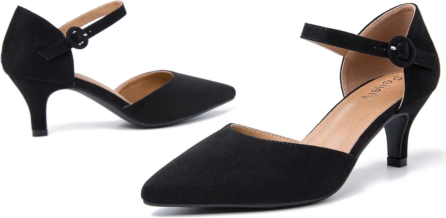 Women's Closed Pointed Toe Heels Ankle Strap D'Orsay Kitten Heel Dressy Pumps