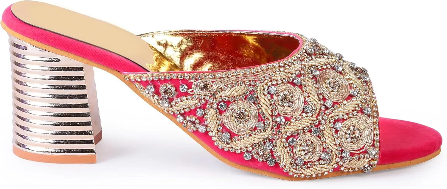 Women's Embroidered Block Heel Slip-On Sandals – Elegant Detailing Women's Red Velvet Embroidered Slip-On Sandals with Crystal Block Heels Stylish Open Toe Party Mules