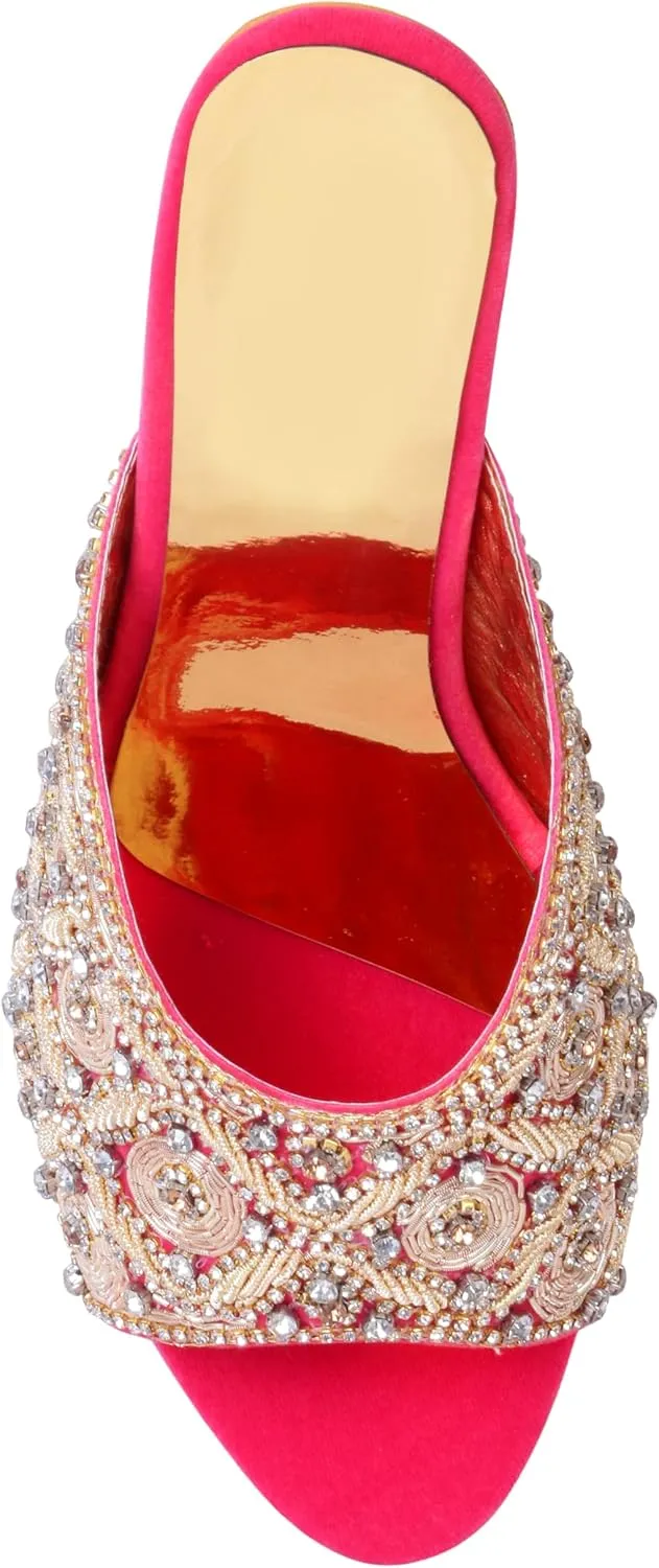 Women's Embroidered Block Heel Slip-On Sandals – Elegant Detailing Women's Red Velvet Embroidered Slip-On Sandals with Crystal Block Heels Stylish Open Toe Party Mules