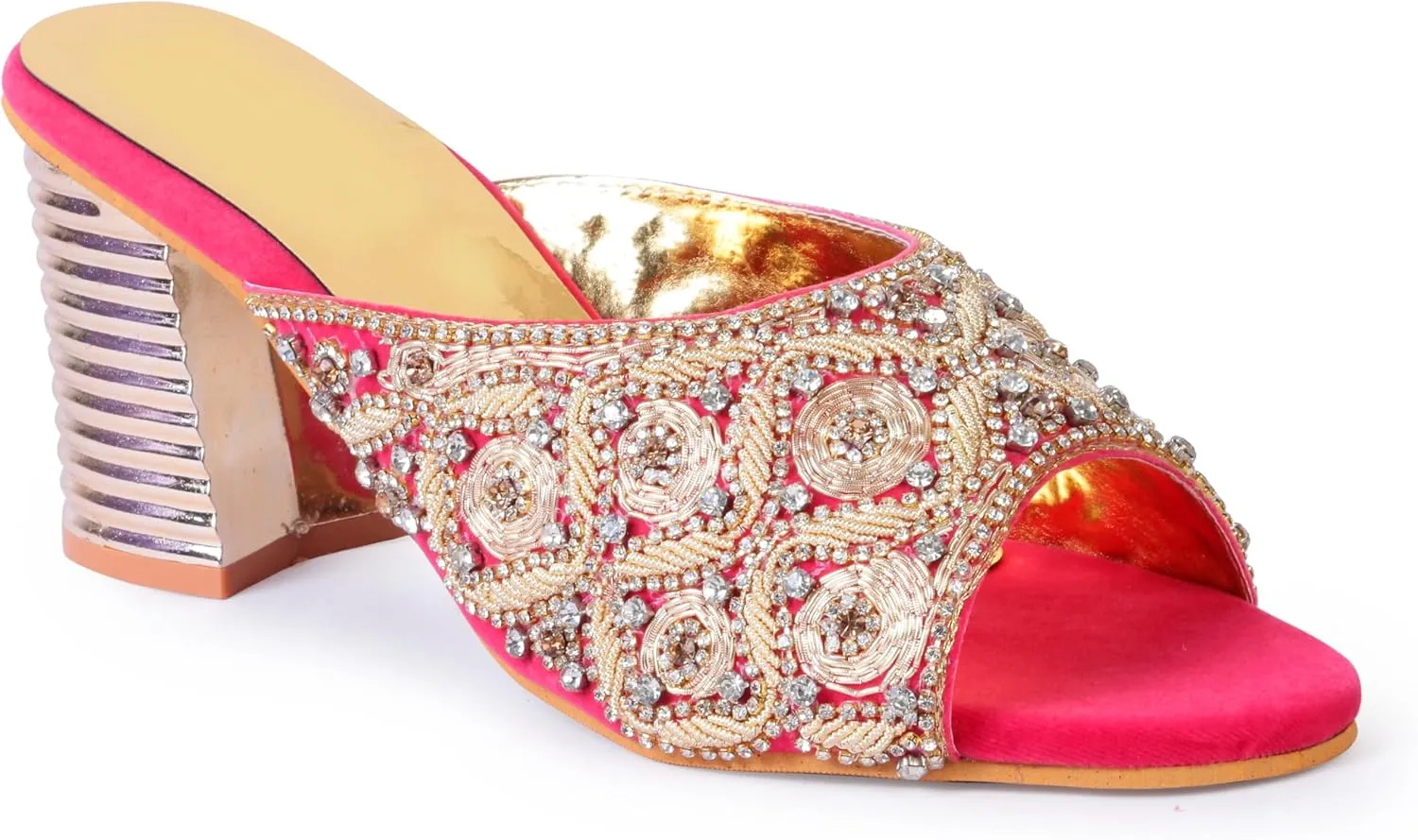 Women's Embroidered Block Heel Slip-On Sandals – Elegant Detailing Women's Red Velvet Embroidered Slip-On Sandals with Crystal Block Heels Stylish Open Toe Party Mules