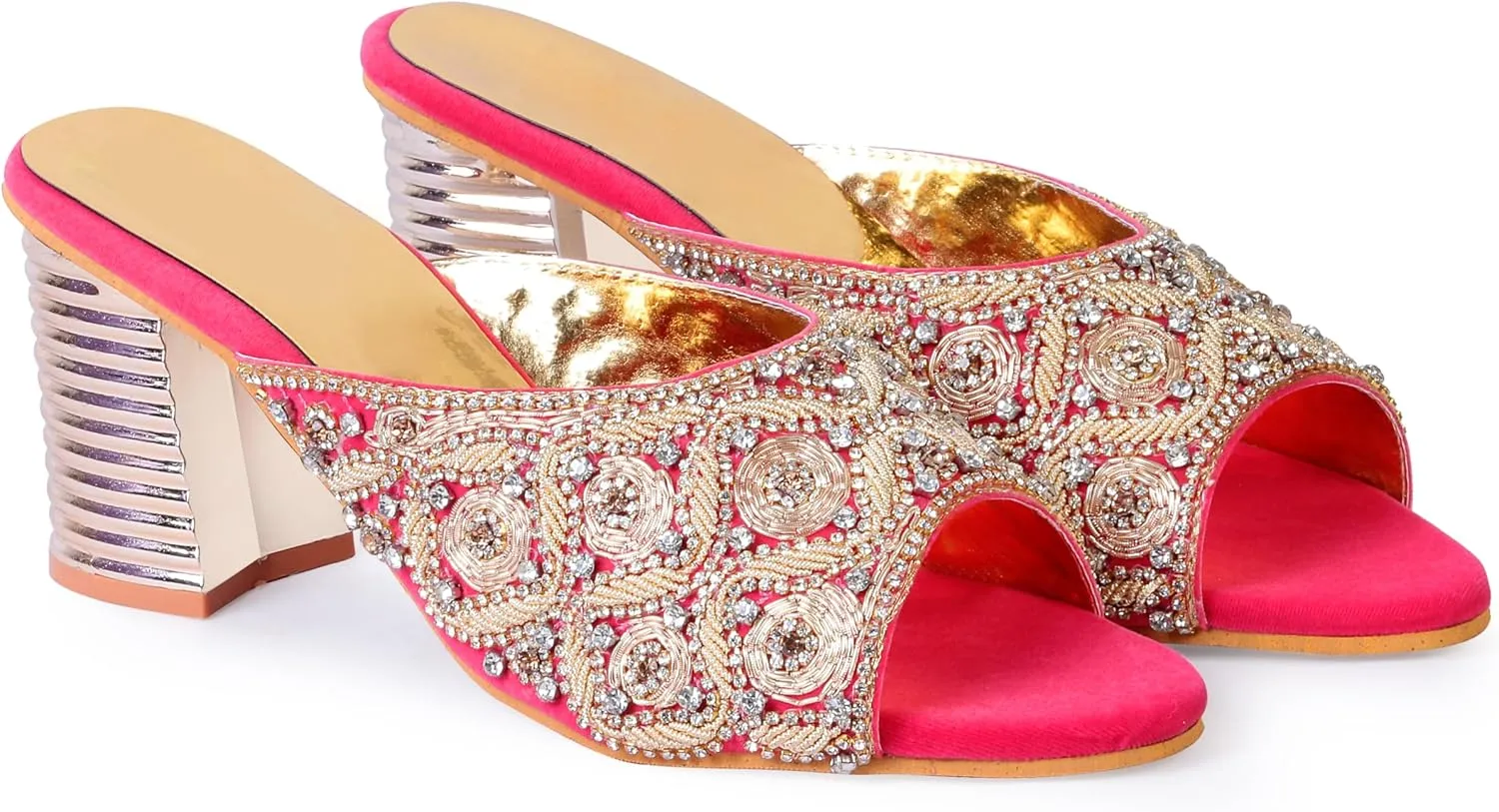 Women's Embroidered Block Heel Slip-On Sandals – Elegant Detailing Women's Red Velvet Embroidered Slip-On Sandals with Crystal Block Heels Stylish Open Toe Party Mules