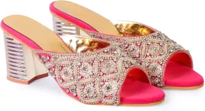 Women's Embroidered Block Heel Slip-On Sandals – Elegant Detailing Women's Red Velvet Embroidered Slip-On Sandals with Crystal Block Heels Stylish Open Toe Party Mules